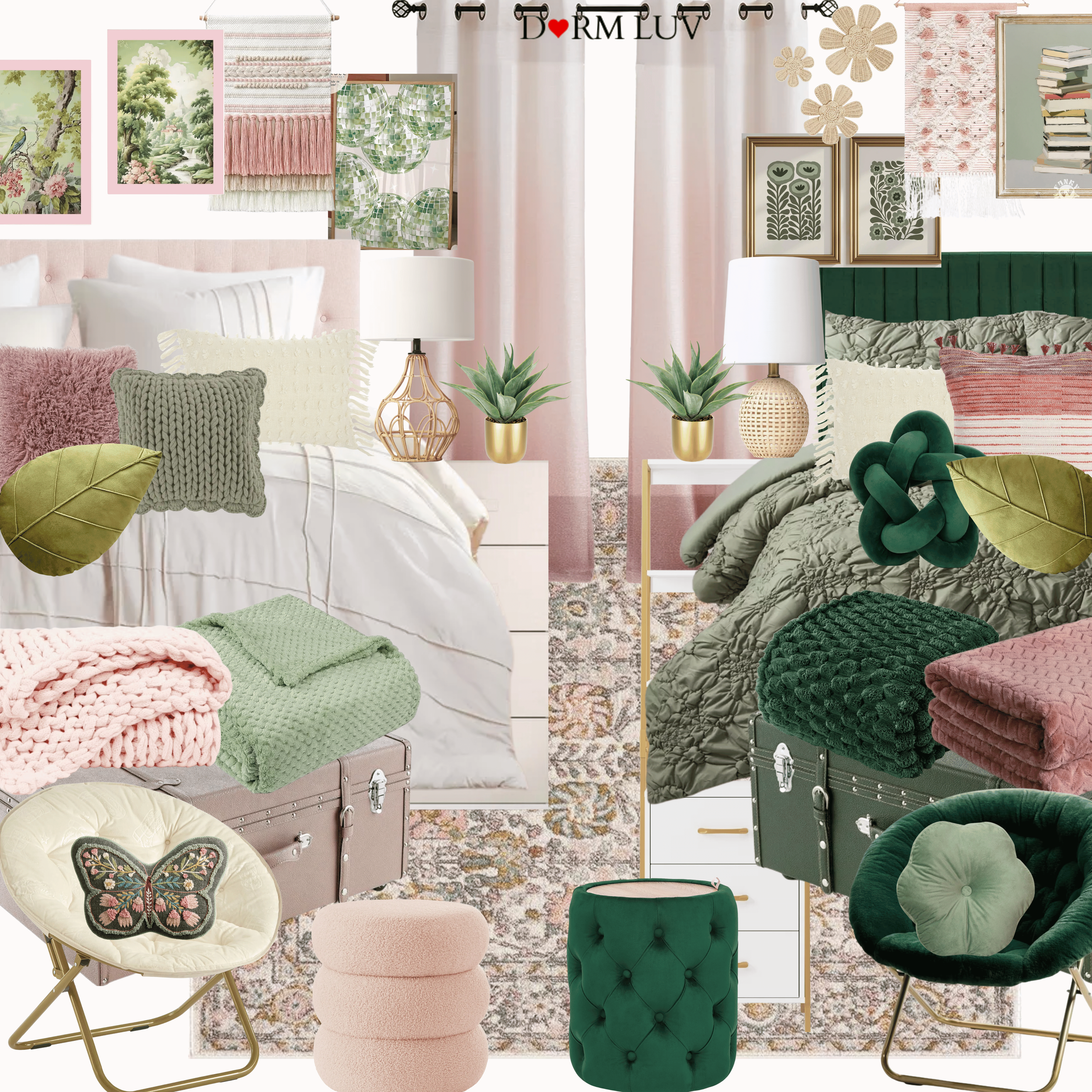 Dorm room decor collage featuring pink and green accents, patterned bedding, decorative pillows, plants, wall art, and furniture items.
