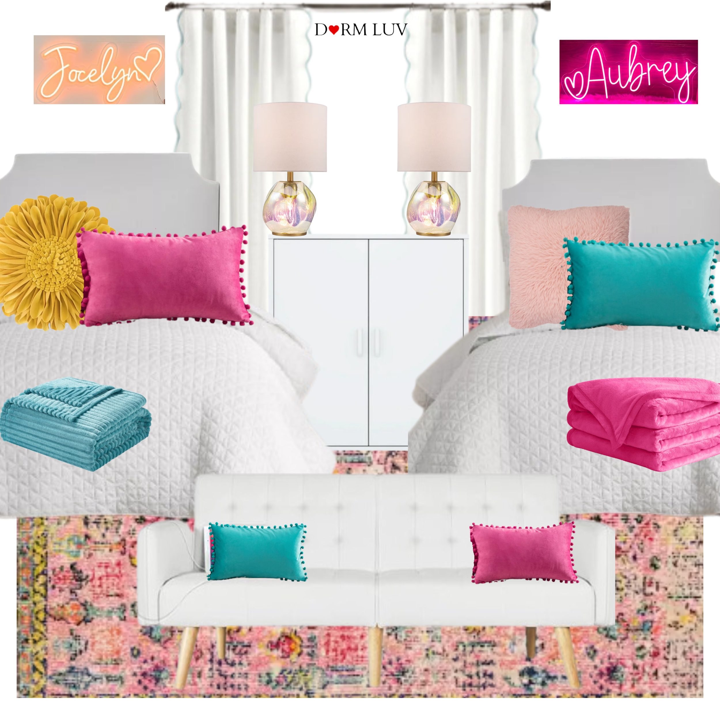 Dorm room design with twin beds, colorful pillows, blankets, white headboards, turquoise lamps, white cabinet, and pink patterned rug.