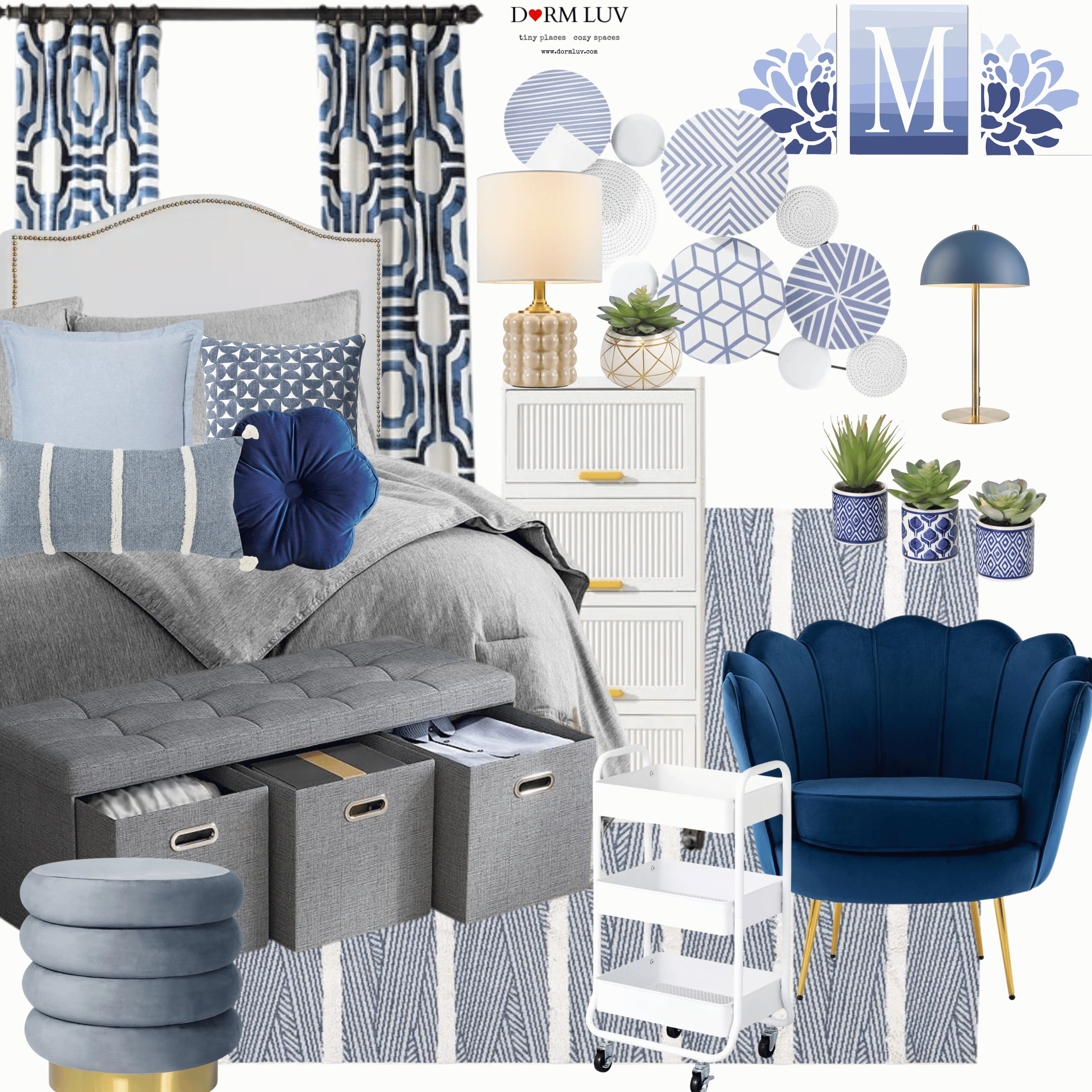 Dorm room design featuring a blue and white color scheme. Includes a bed with various pillows, blue armchair, storage bench with baskets, dresser, succulents in pots, lamps, and wall decor. A white rolling cart and patterned curtains are also present.
