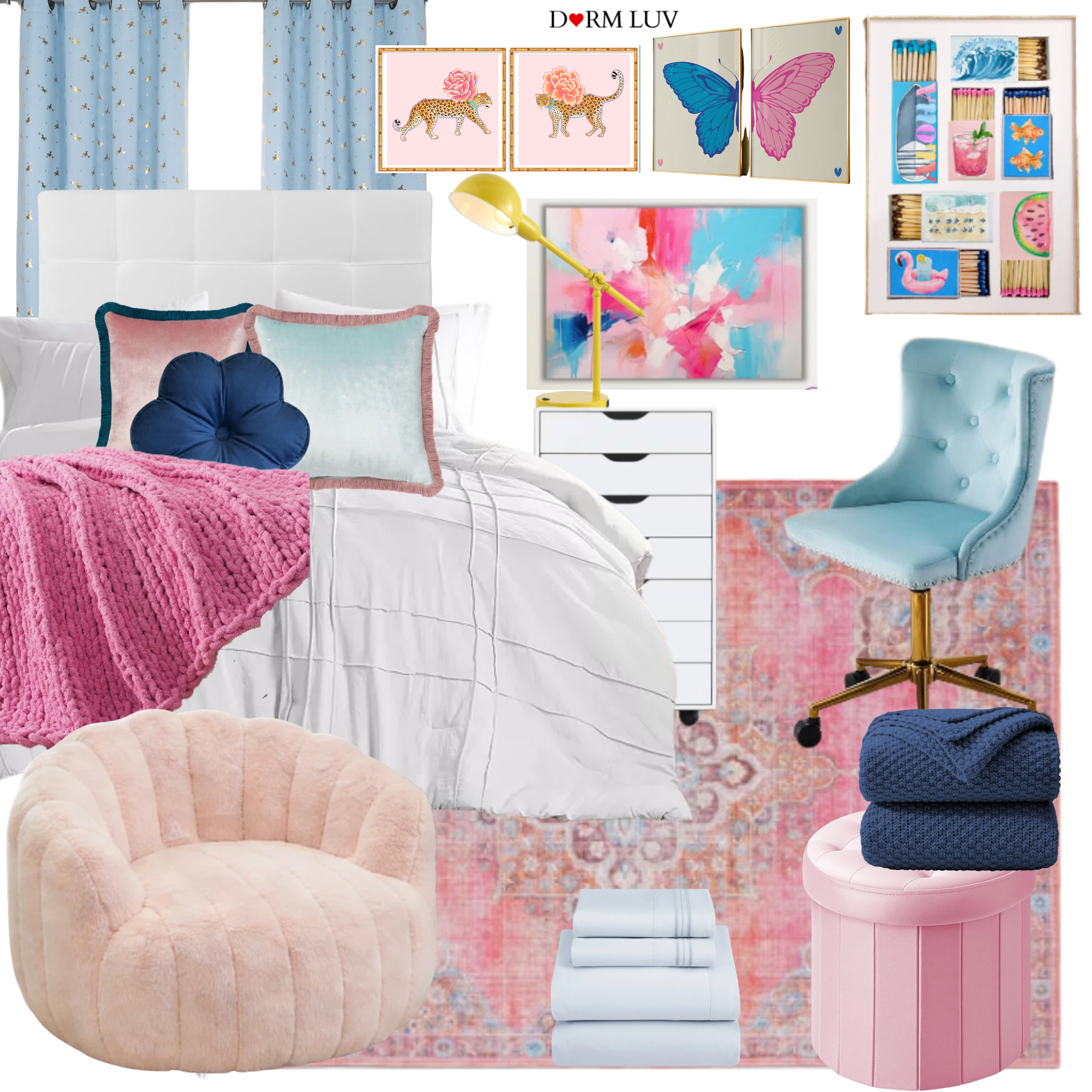 Decorative bedroom collage featuring pink and blue theme, with bedding, pillows, a tufted chair, lamps, wall art, and storage options.