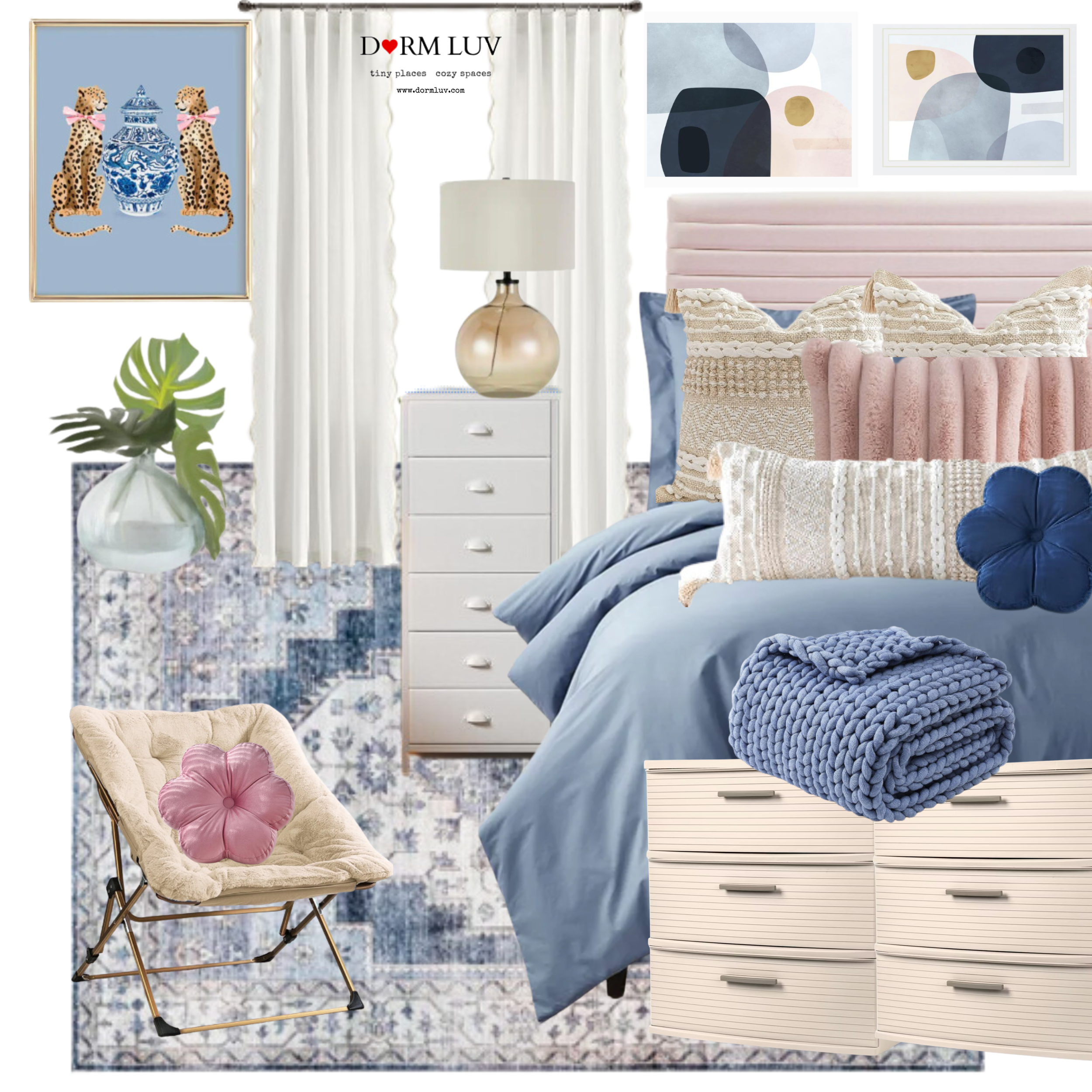 Collage of home decor items featuring a bed with pastel pillows and quilt, a wooden chair with a pink cushion, abstract wall art, a blue-and-white patterned rug, a white dresser, plants in vases, and storage units.