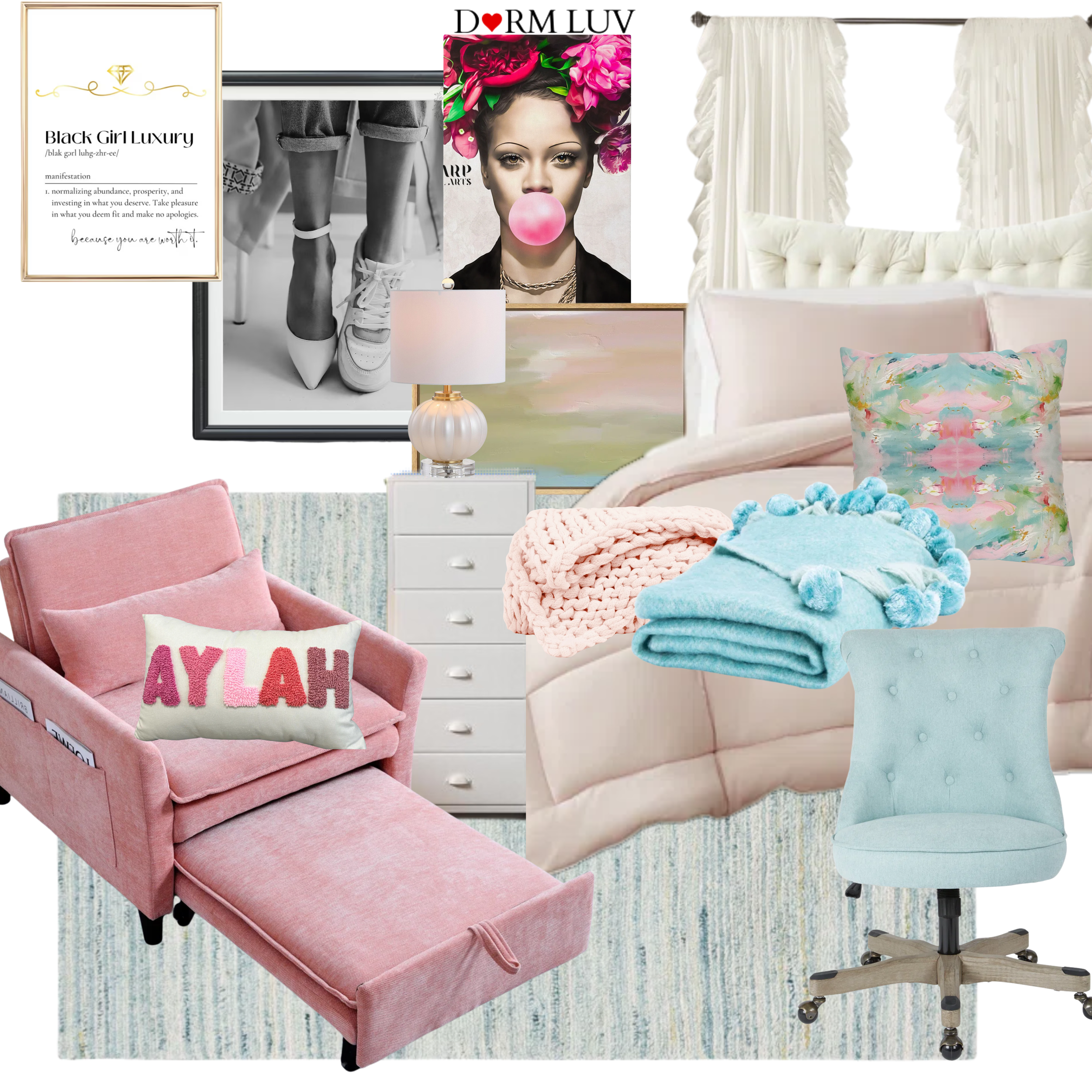 Collage of a stylish bedroom decor featuring a pink sofa, colorful artwork, a white bed with ruffled curtains, decorative pillows, a blue chair, a chest of drawers, blue and pink blankets, and framed images on the wall.