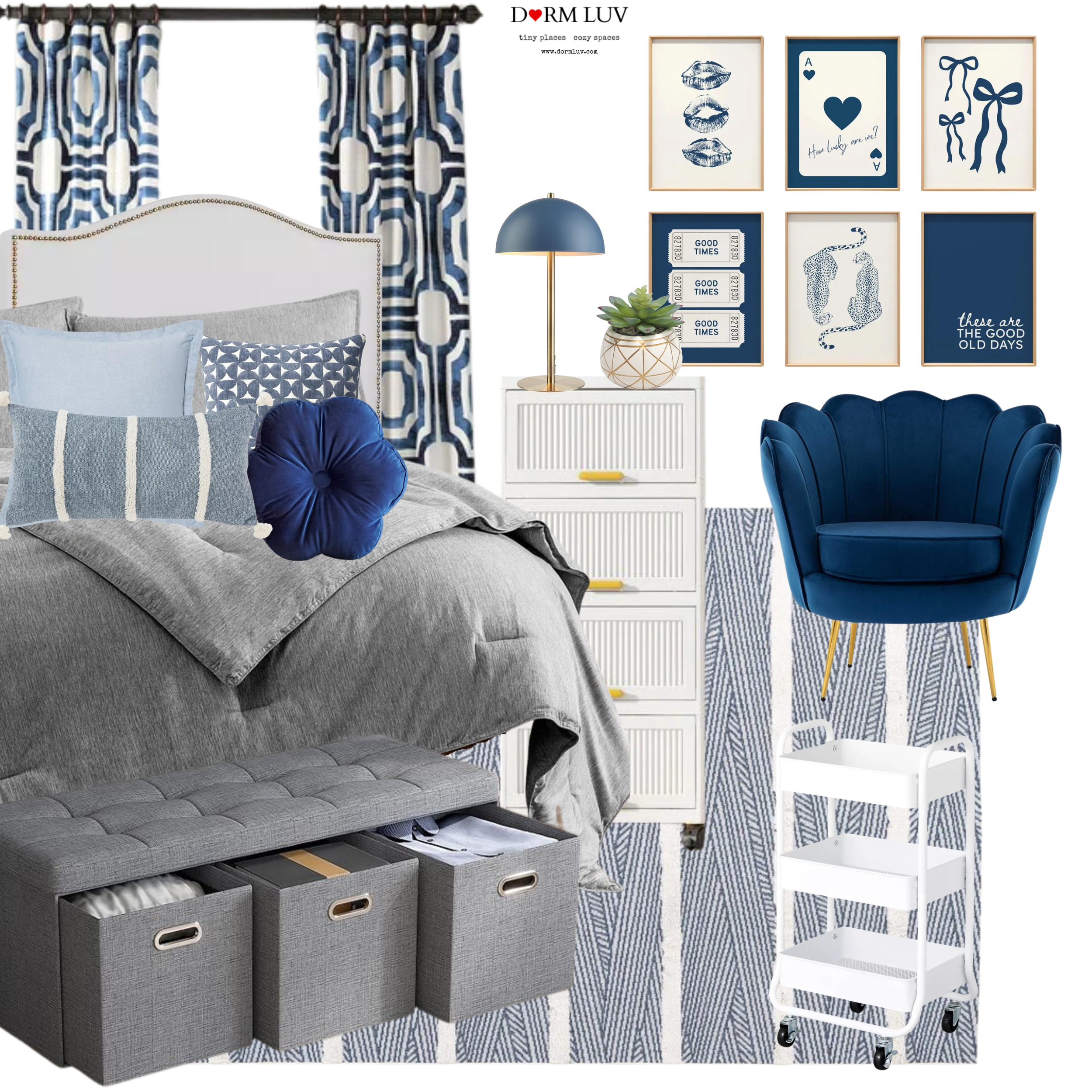 Dorm room design featuring a blue and white color scheme. Includes a bed with various pillows, blue armchair, storage bench with baskets, dresser, succulents in pots, lamps, and wall decor. A white rolling cart and patterned curtains are also present.