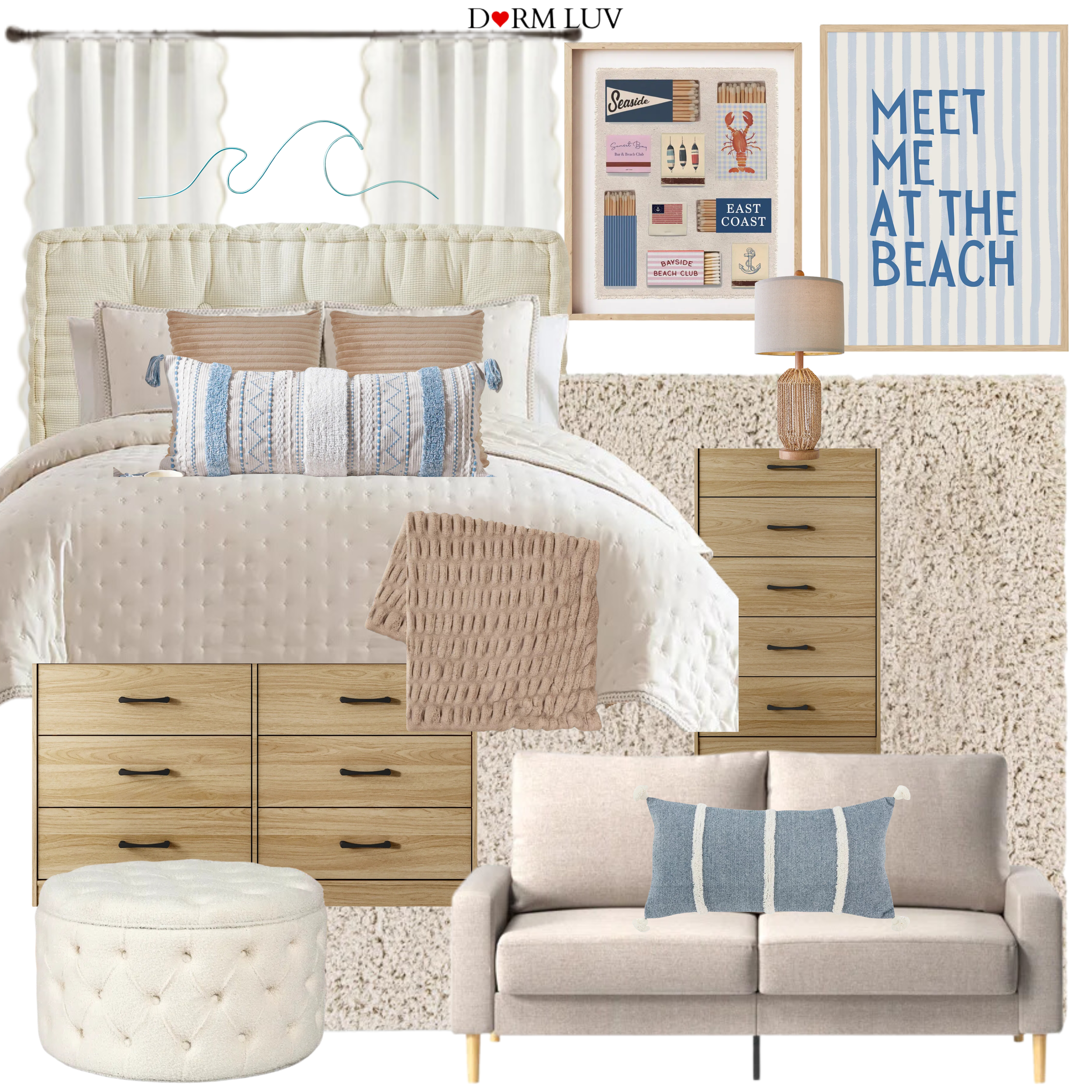 Coastal themed bedroom interior design collage with bed, drawers, sofa, and decorations.