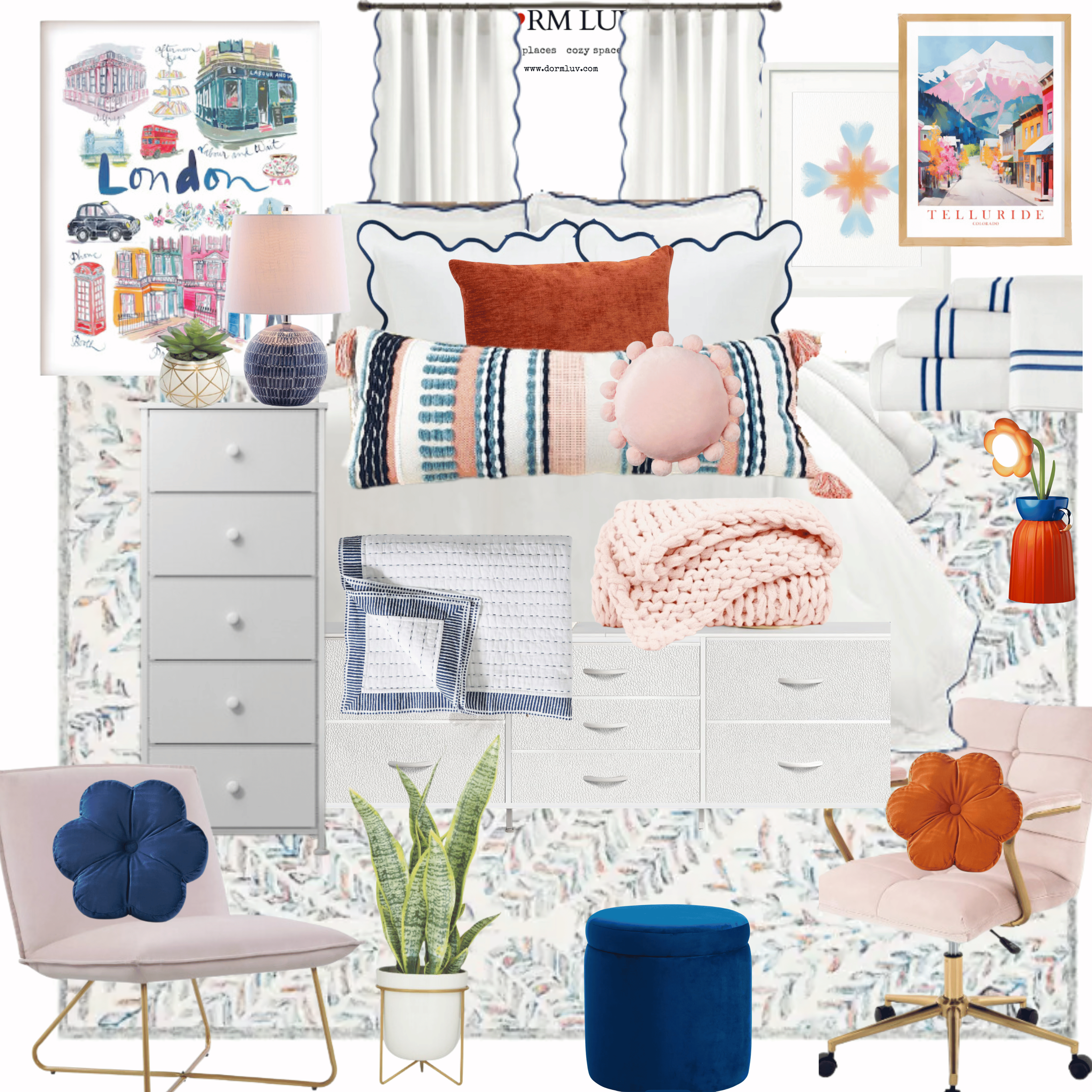 Collage of a stylish and colorful bedroom design featuring decorative pillows, bedding, plants, chairs, wall art, and a dresser with modern and eclectic elements.