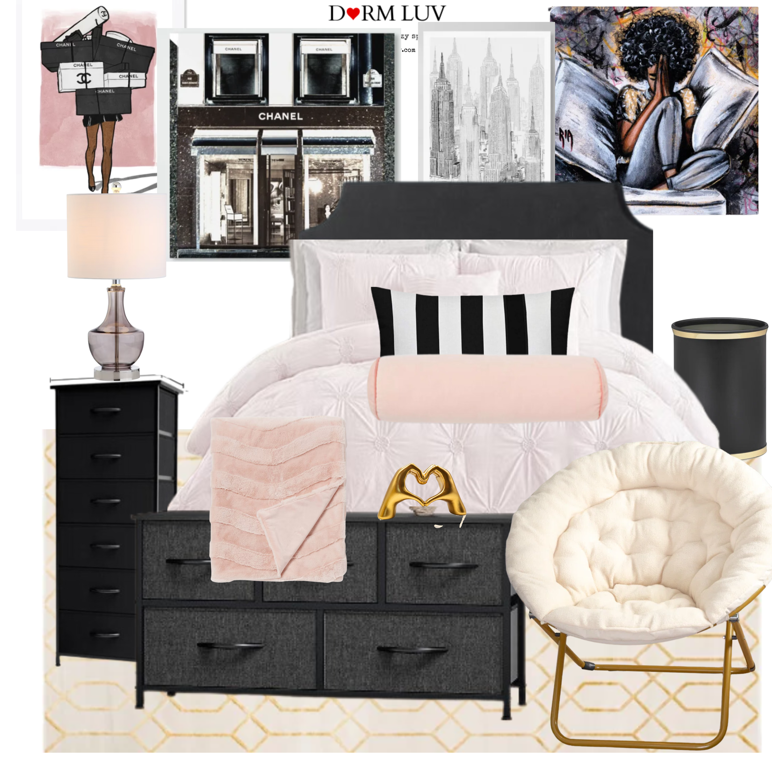 Chic bedroom decor with black and white elements, featuring a bed with a black headboard, striped pillow, and pink accent pillows. A nightstand with a lamp and a black dresser are present. Wall art includes a Chanel storefront, cityscape drawing, and abstract art.