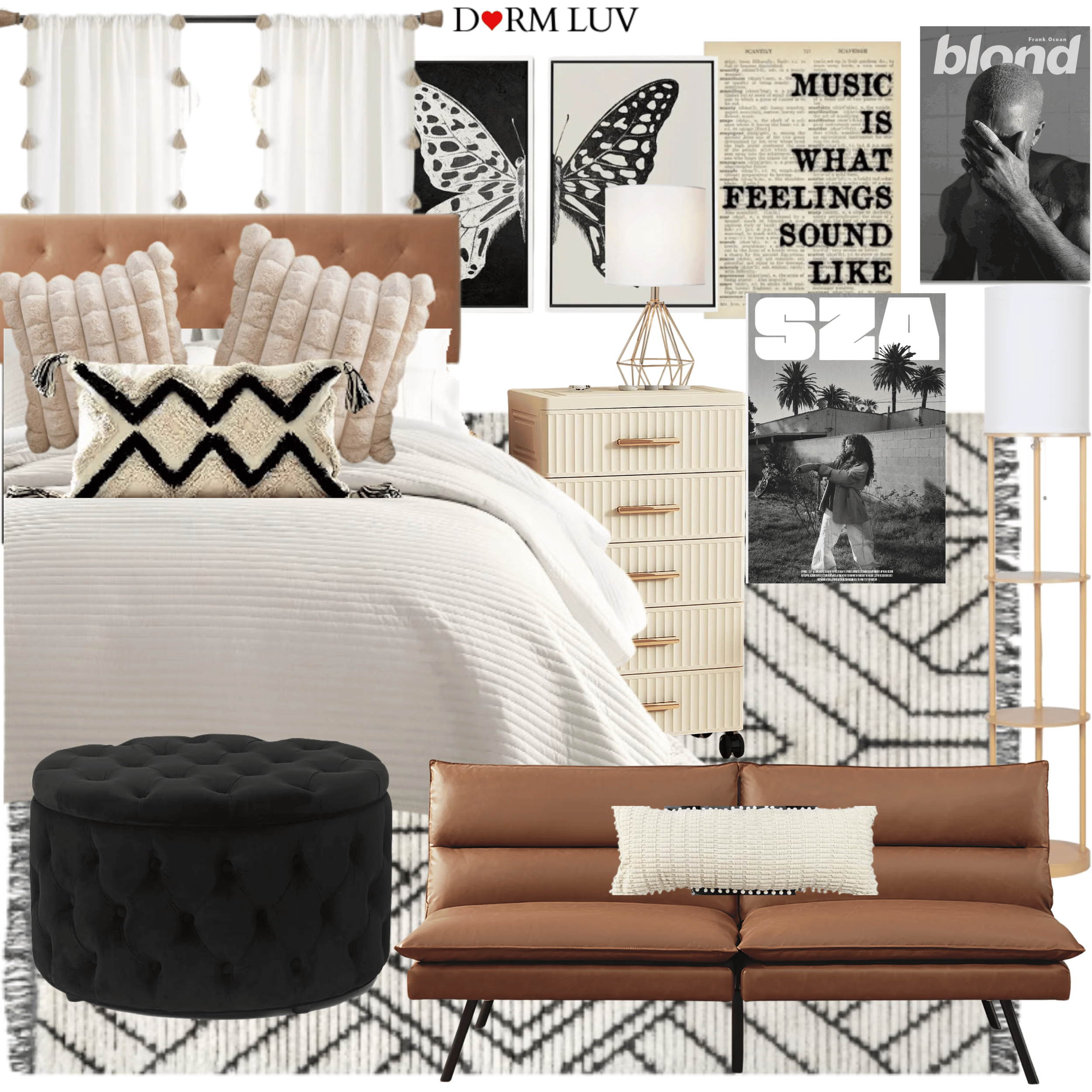 Collage of bedroom decor featuring a bed with neutral bedding, tufted headboard, geometric pillows, and plaid blanket. Includes a tan couch, white ottoman, and geometric rug. Wall art features butterfly prints, horse silhouette, and music posters. Accessories include a gold table lamp and white desk lamp. Branding: Dorm Luv.