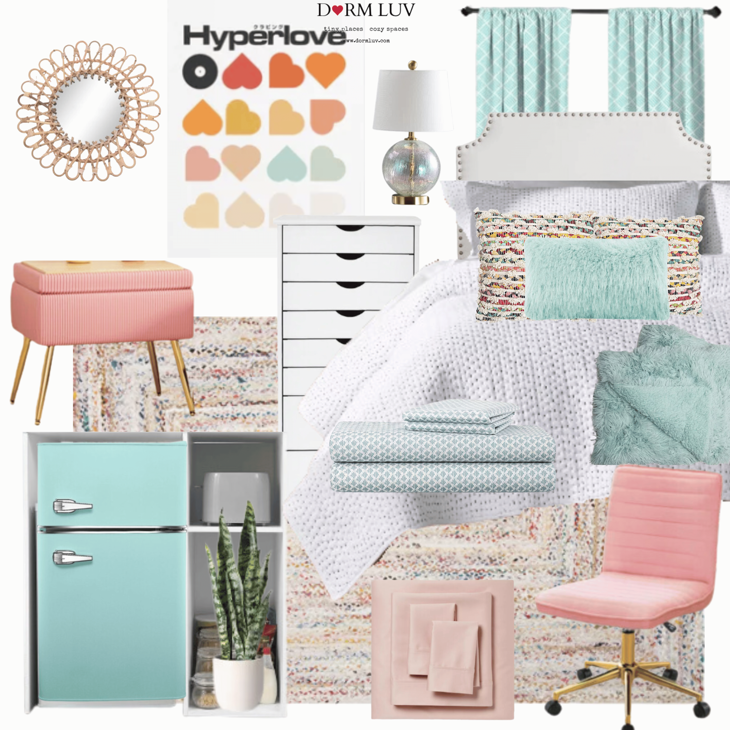 Collage of dorm room decor including a bed with headboard, decorative pillows, rugs, a pink chair, side table, shelving with a mini fridge and plant, a wicker mirror, lamp, and a wall art print reading 'Hyperlove' with colorful hearts. Text above reads 'Dorm Luv'.