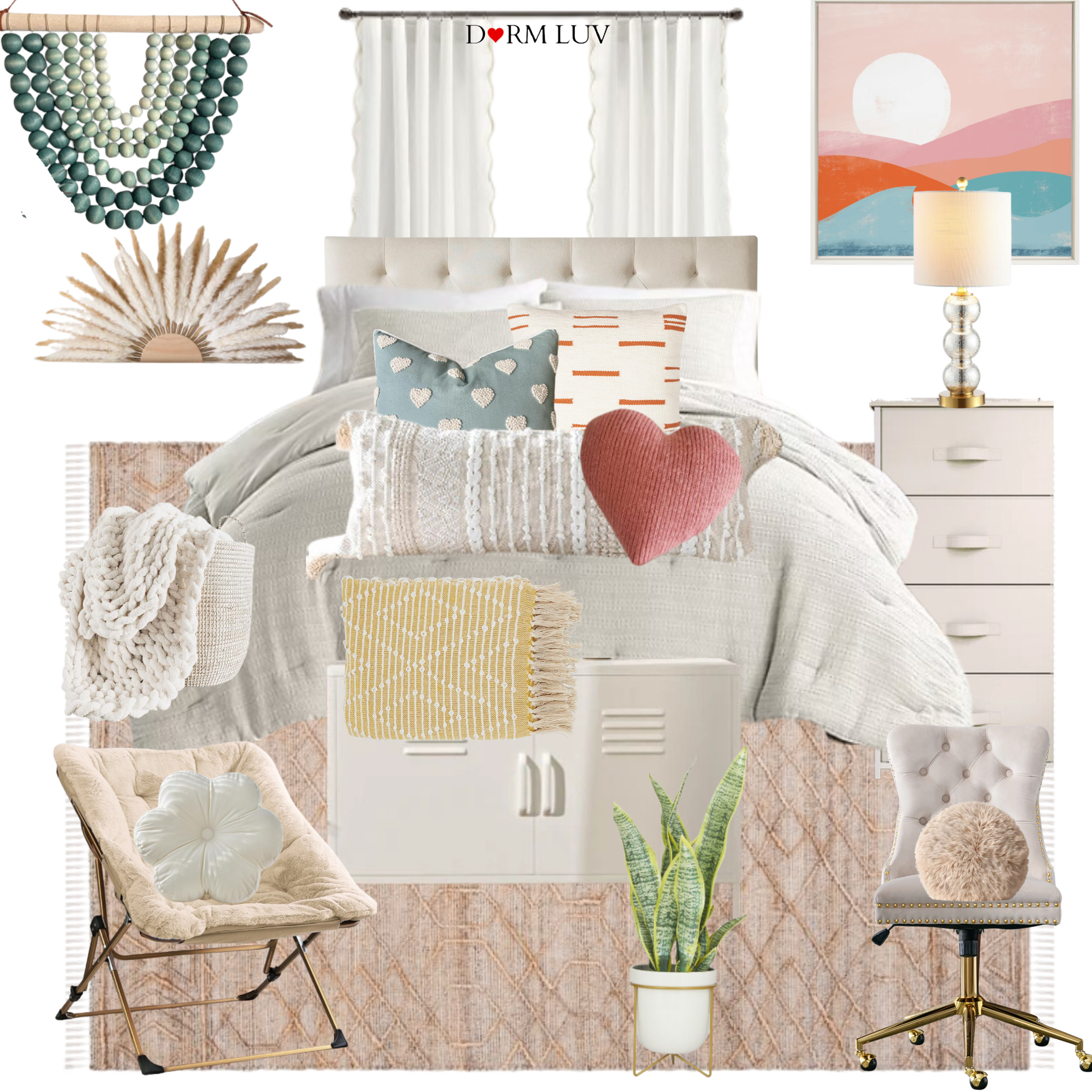 Collage of neutral-toned bedroom decor items including pillows, blankets, a dresser, chairs, curtains, and decorative wall art.