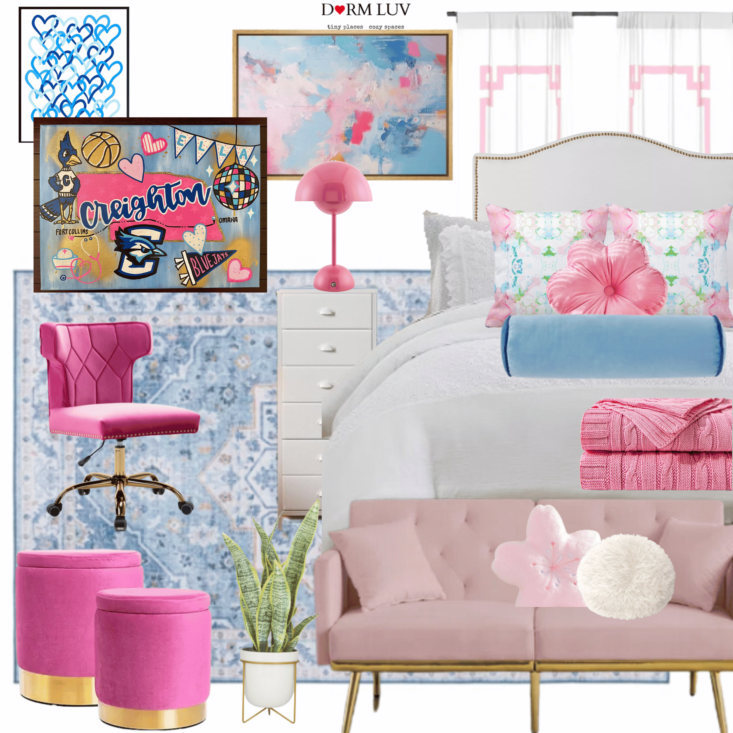 Pink and blue dorm room decor with furniture, including a bed with pillows, a pink desk chair, a pink sofa, wall art, a pink lamp on a white dresser, and pink ottomans. The arrangement includes a blue patterned rug and some plants.