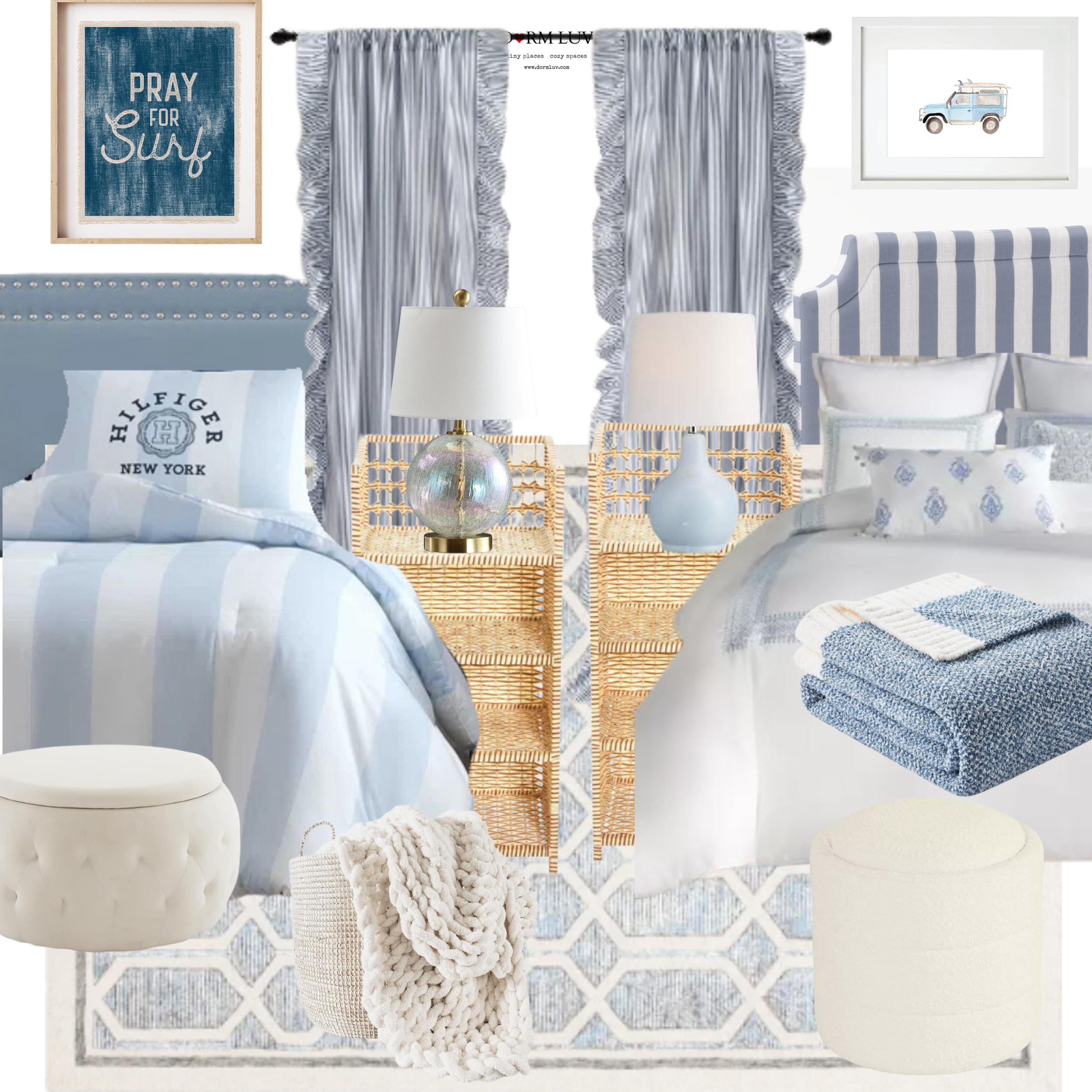 Coastal-themed bedroom collage with blue and white bedding, wicker furniture, striped curtains, decorative pillows, and surf-themed decor.