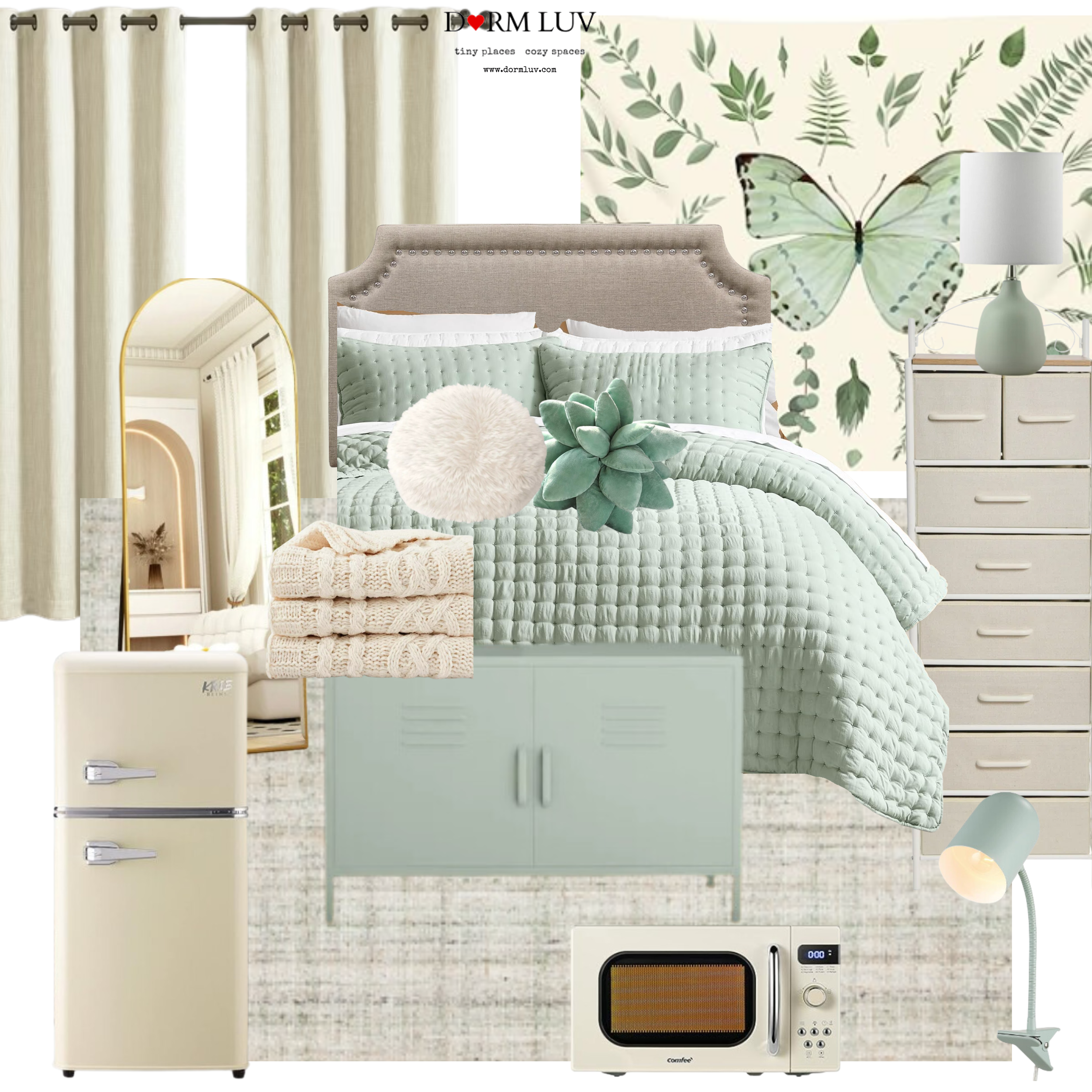 Dorm room decor collage with mint green and beige theme, featuring a bed with green bedding, butterfly wall art, mini fridge, clip lamp, wall mirror, shelving unit, plants, microwave, and various accents like pillows, and storage solutions.