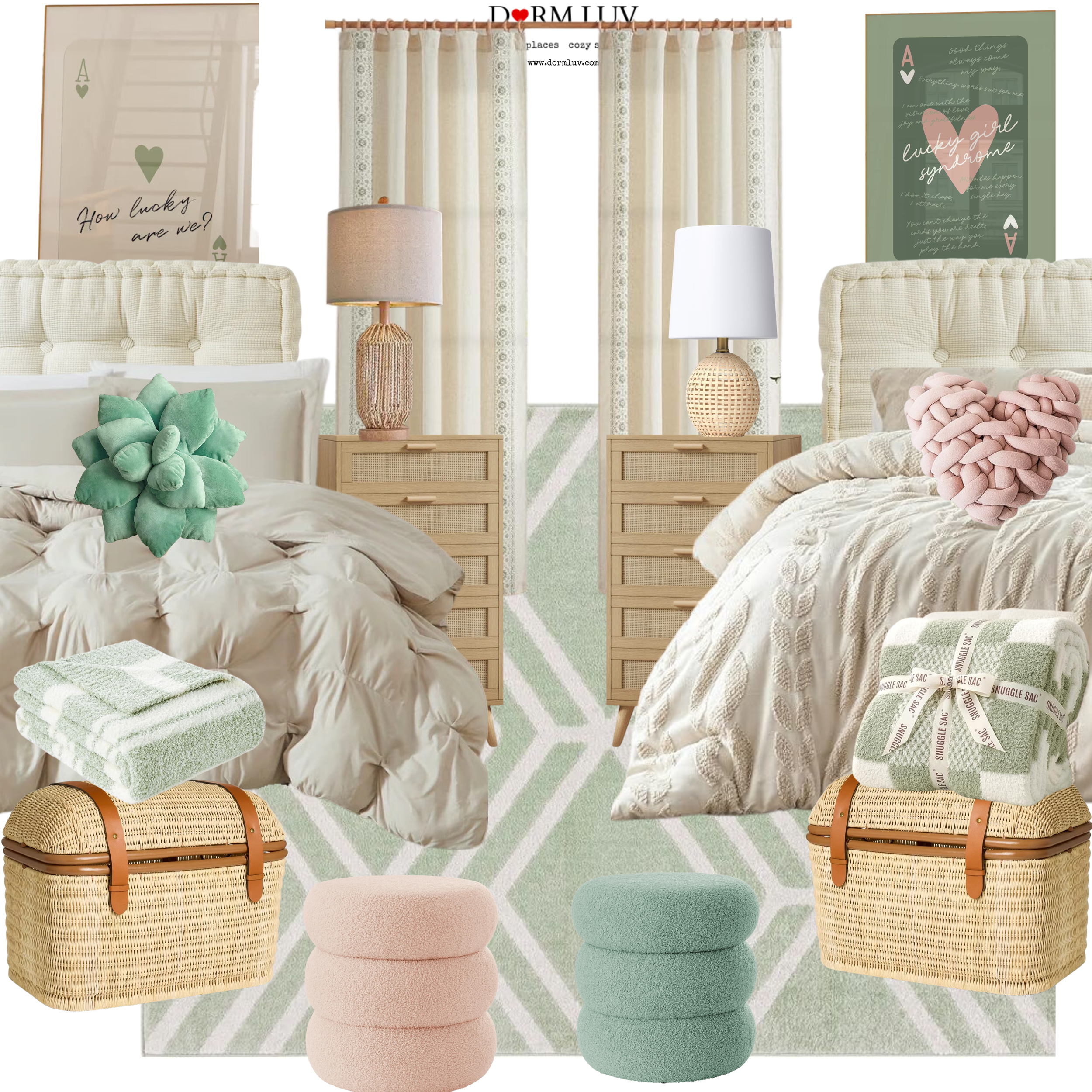 Stylish dorm room with twin beds, neutral decor, pastel throw pillows, wicker baskets, cozy blankets, decorative lamps, and a circular mirror between beds.