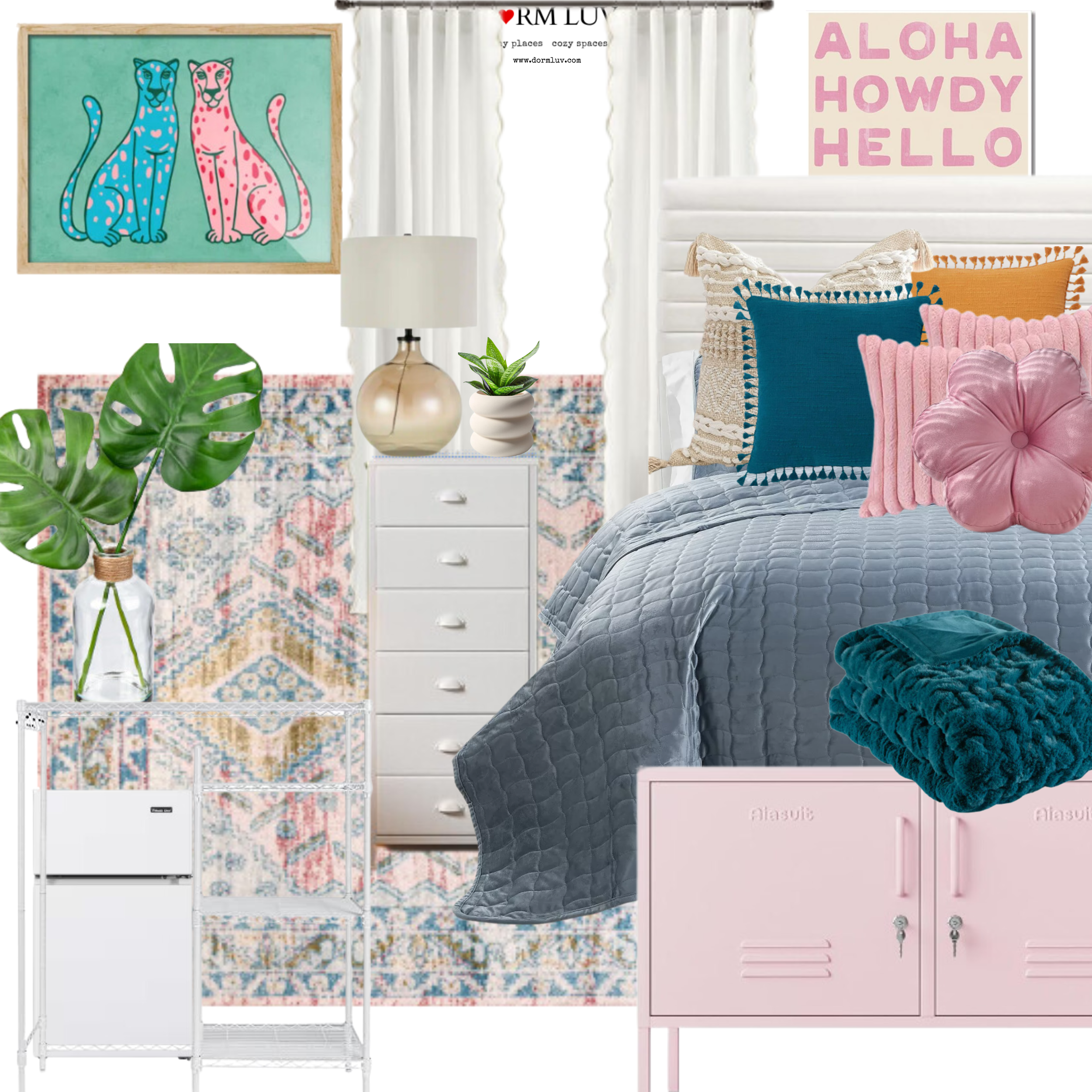 Dorm room decor inspiration with colorful bedding, pillows, a teal throw blanket, white dresser, pink side cabinet, small fridge, wall art with Aloha Howdy Hello text, and abstract cat illustration, potted plant, floral arrangement, and decorative lamp, all set against a patterned rug background.