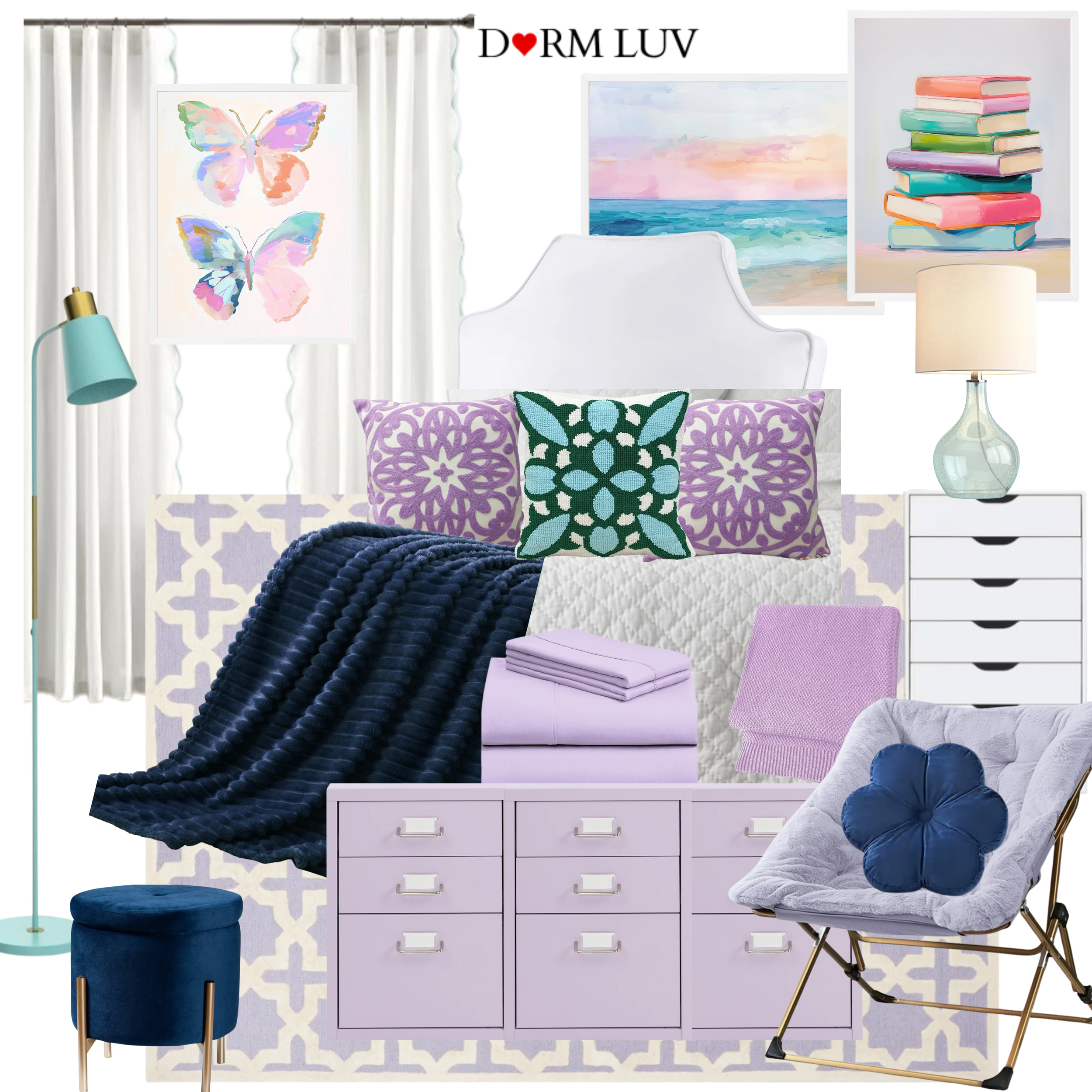 Collage of dorm room decor items including a bed with purple and pink pillows, heart-shaped cushion, sheets, blue ottoman, lamp, minifridge, posters, and storage shelves.