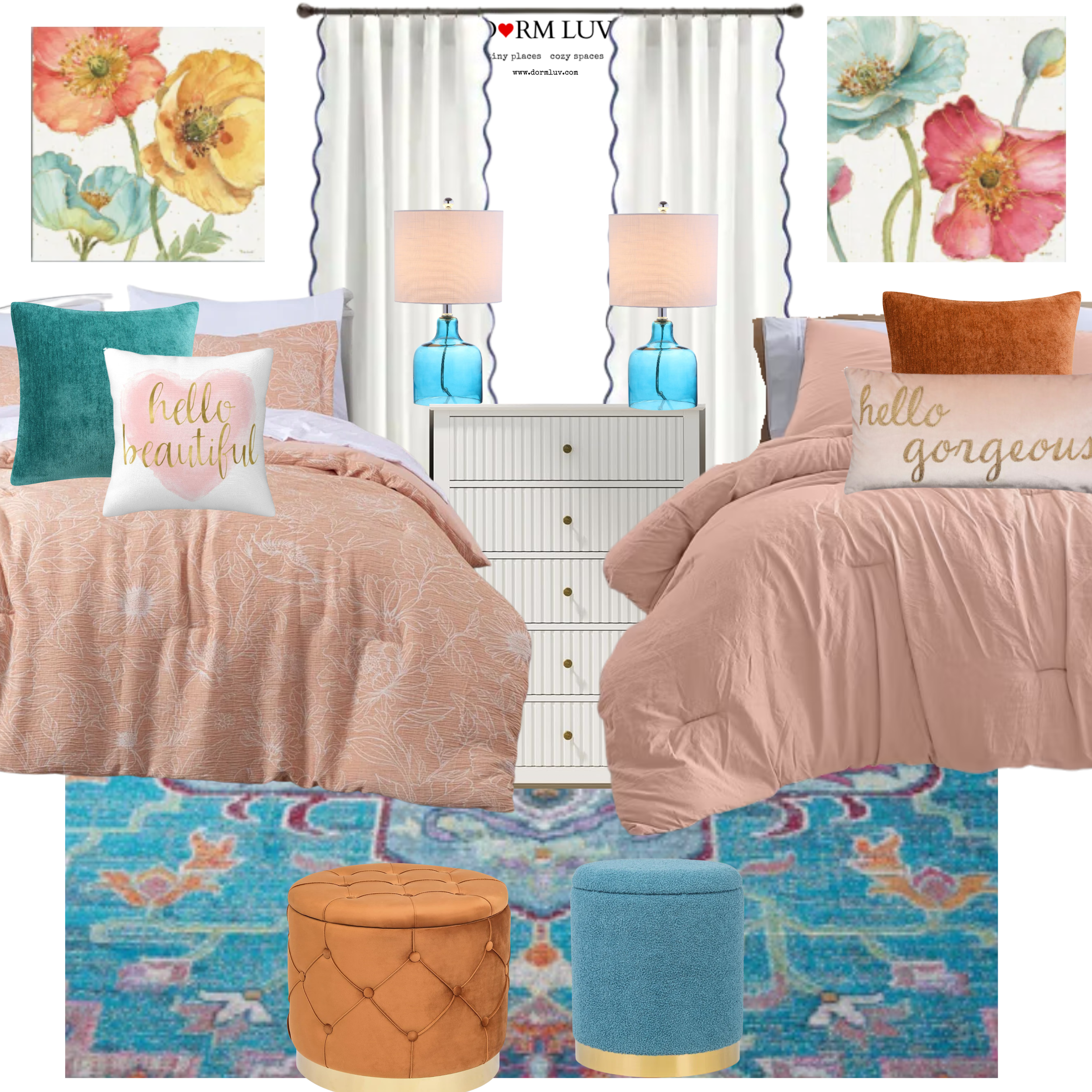 Bedroom interior with colorful decor, including floral paintings, white bed with "hello beautiful" pillow, blue and pink lamps, blue patterned rug, white sofa with orange cushion, orange pouf, and round beige ottoman.