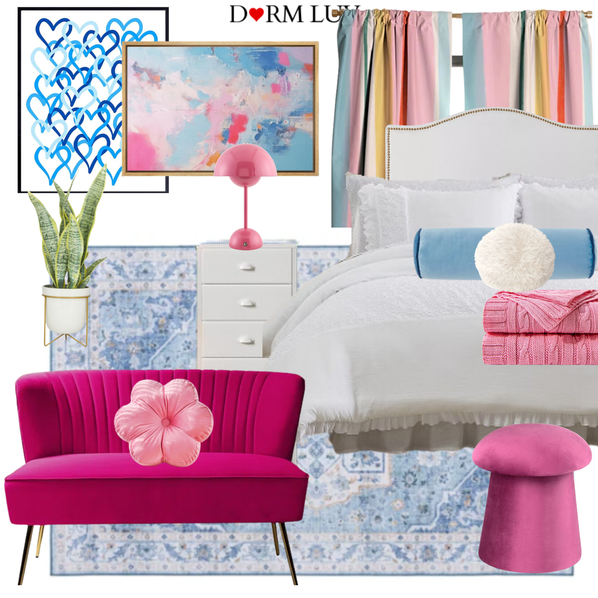 Pink and blue dorm room decor with furniture, including a bed with pillows, a pink desk chair, a pink sofa, wall art, a pink lamp on a white dresser, and pink ottomans. The arrangement includes a blue patterned rug and some plants.
