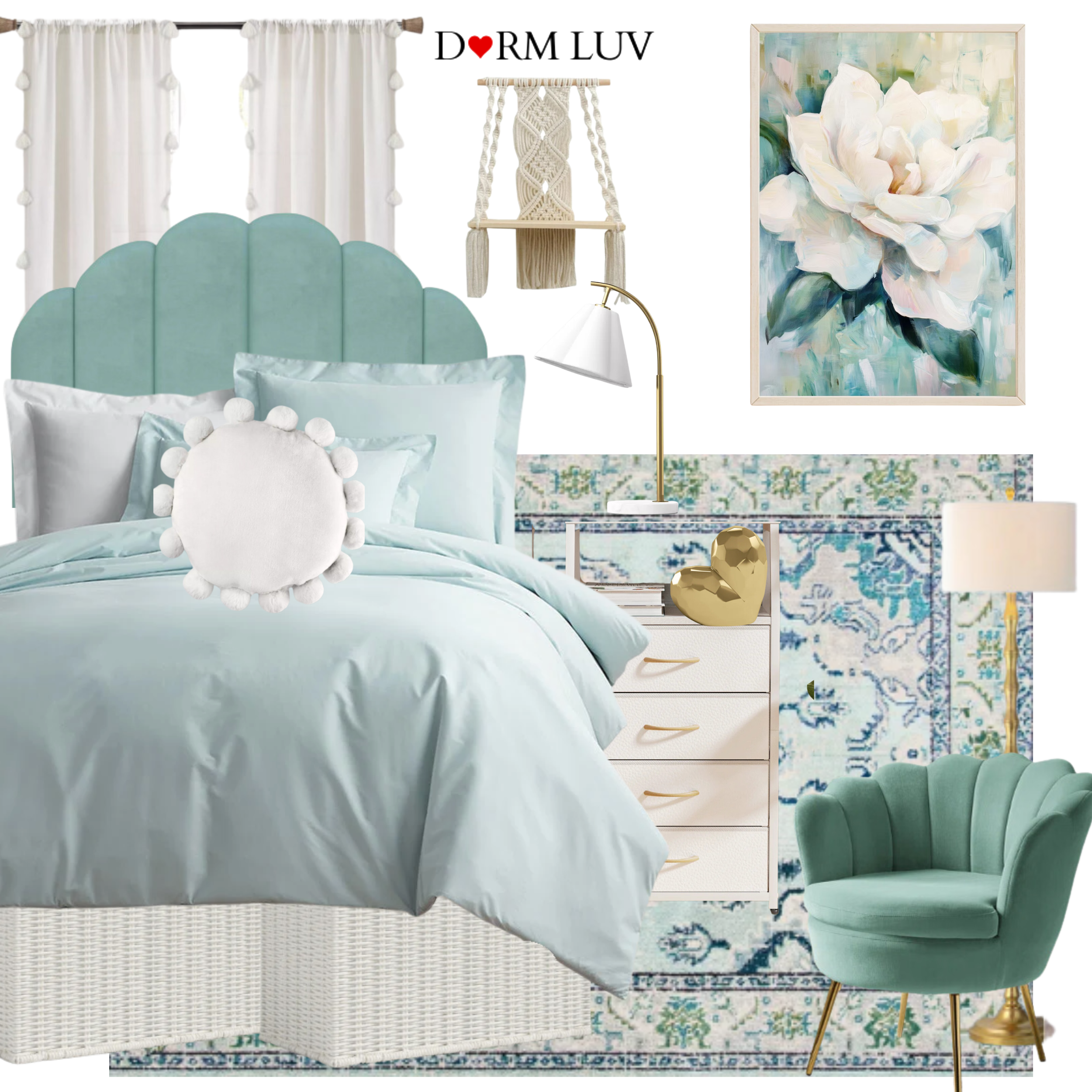 Dorm room decor with a teal bed, round pillows, white quilt, wicker baskets, blue patterned rug, green chair, white dresser with heart decor, gold lamp, woven wall hanging, floral artwork, and potted plants.