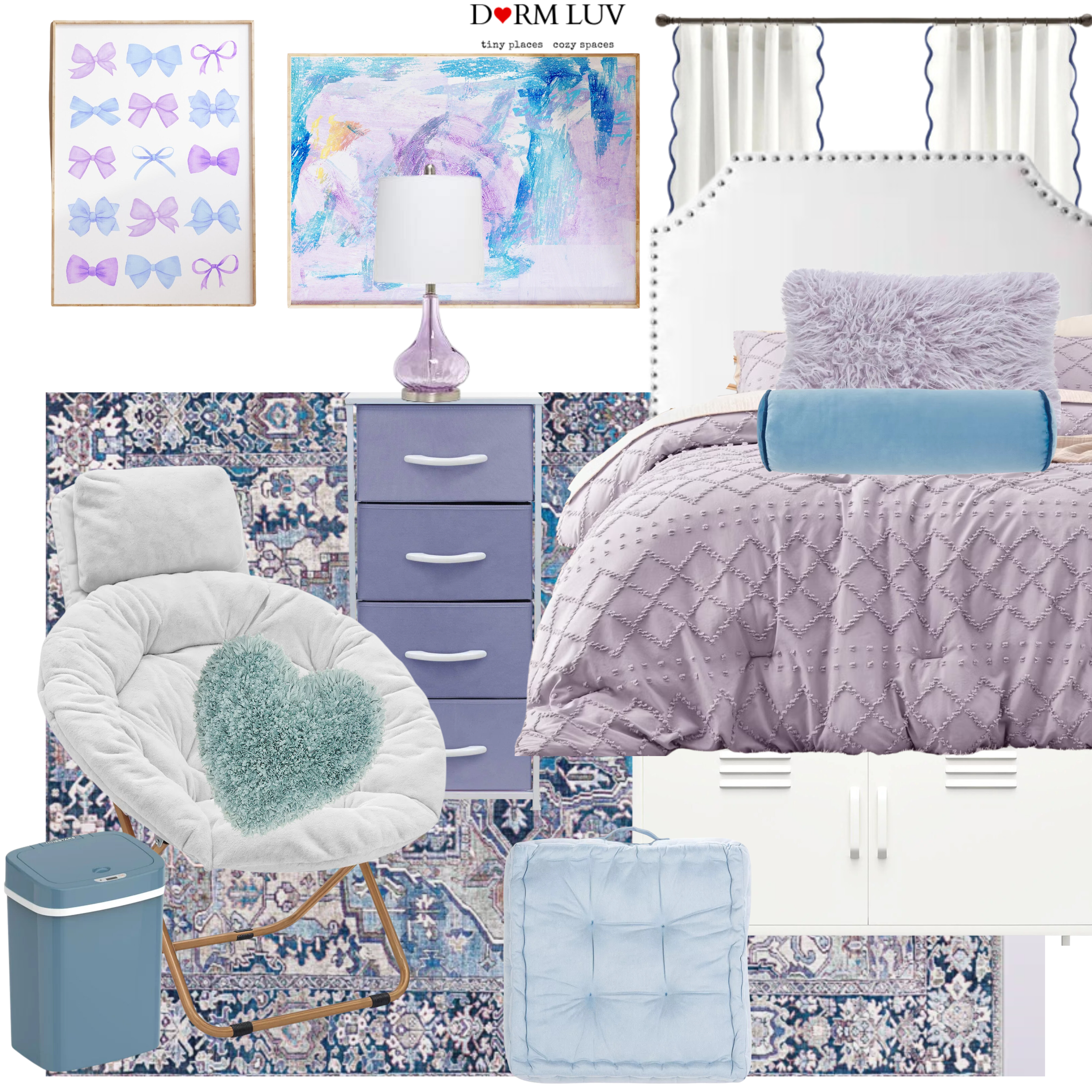 Dorm room decor featuring a purple and blue color scheme with bedding, pillows, a patterned rug, a folding chair, a small nightstand, decorative wall art, and a trash bin.