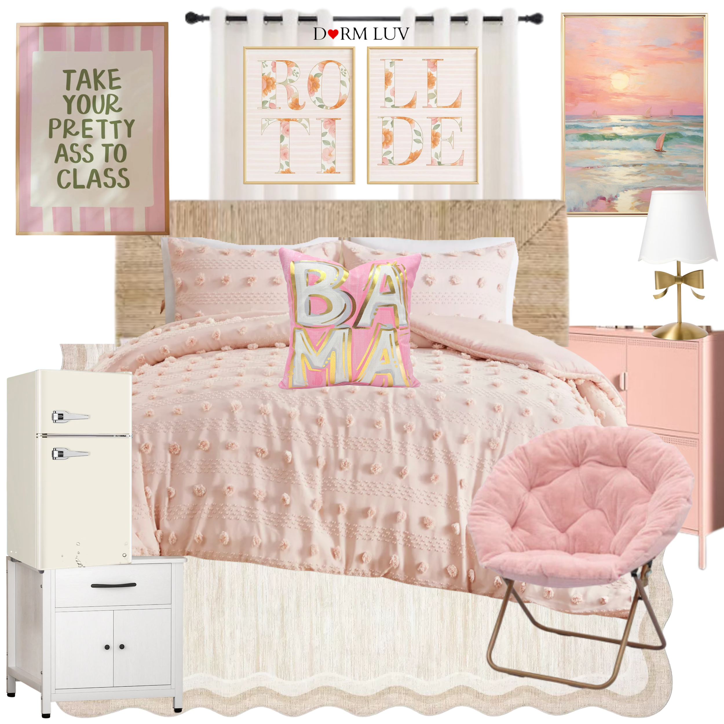Bedroom design collage with pink, yellow, and blue accents, featuring a colorful quilt on a bed, a pink plush chair, a yellow round ottoman, a pink lamp on a pink cabinet, a circular mirror, and a framed animal print art.
