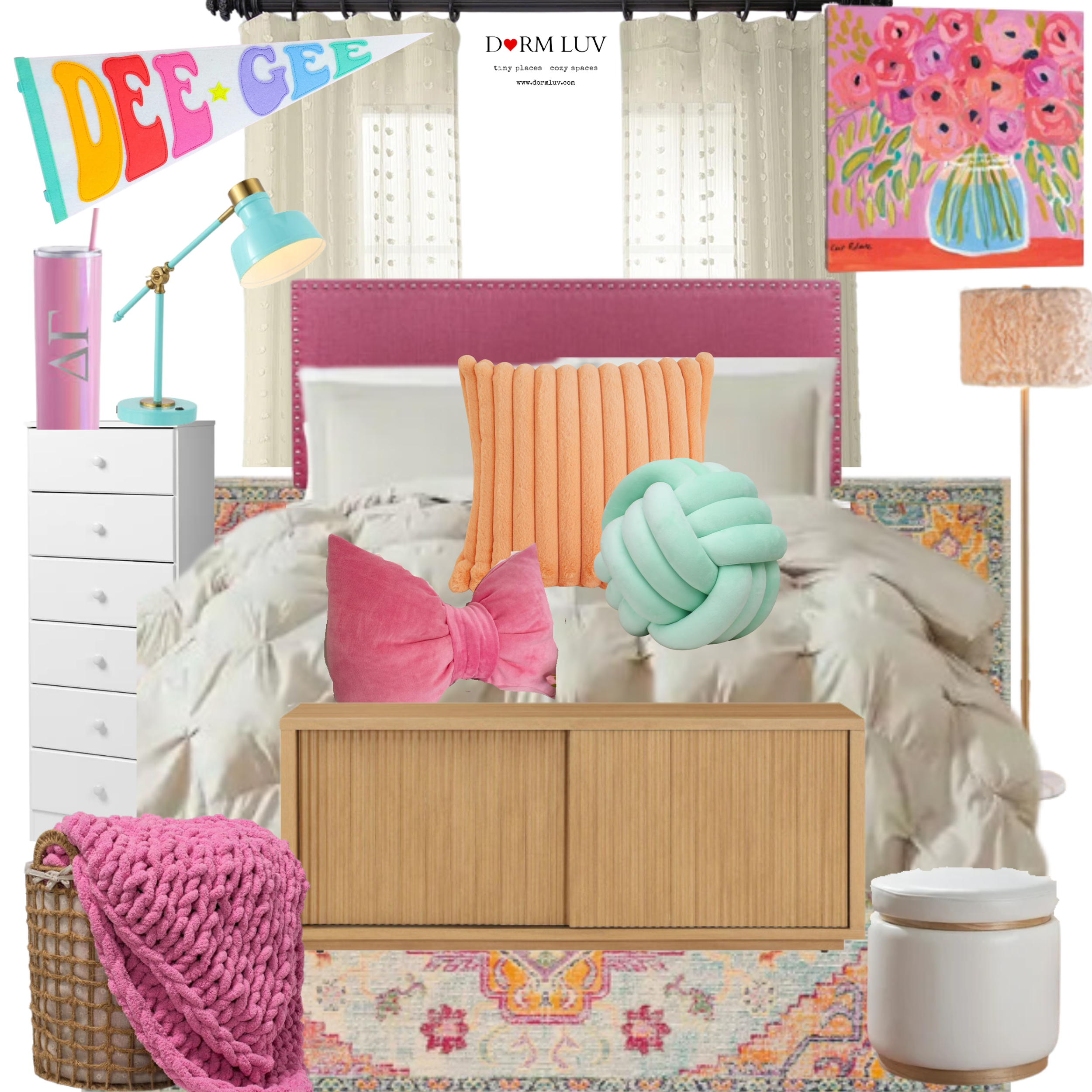Colorful bedroom decor featuring a pink headboard, assorted pillows, a wooden chest, a pastel desk lamp, floral wall art, a patterned rug, and a "DEE GEE" pennant.