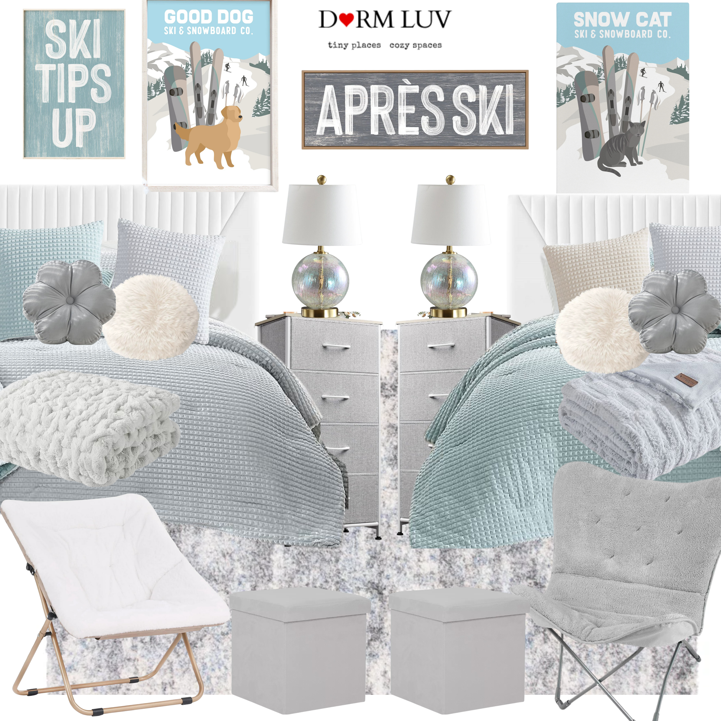 A cozy dorm room setup featuring two beds with light blue and textured bedding, decorative pillows, and blankets. Between the beds are two dressers topped with matching lamps. The wall is decorated with ski-themed artwork and signs. Two foldable chairs and storage cubes are also included.
