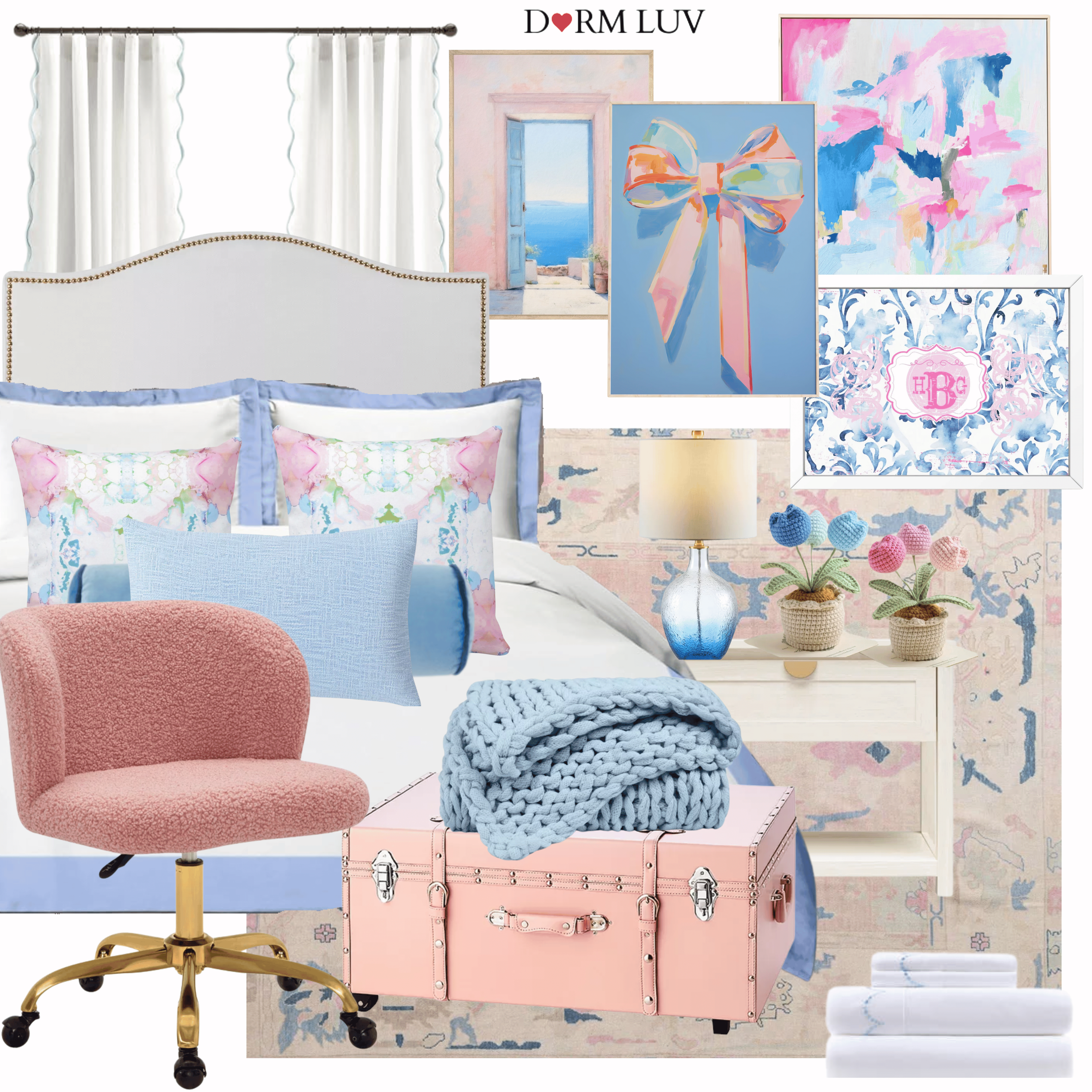 Collage of dorm room decor with a pink chair, blue and pink bedding, artwork, a blue knitted blanket, decorative flowers, a pink trunk, white curtains, and white and blue accents.