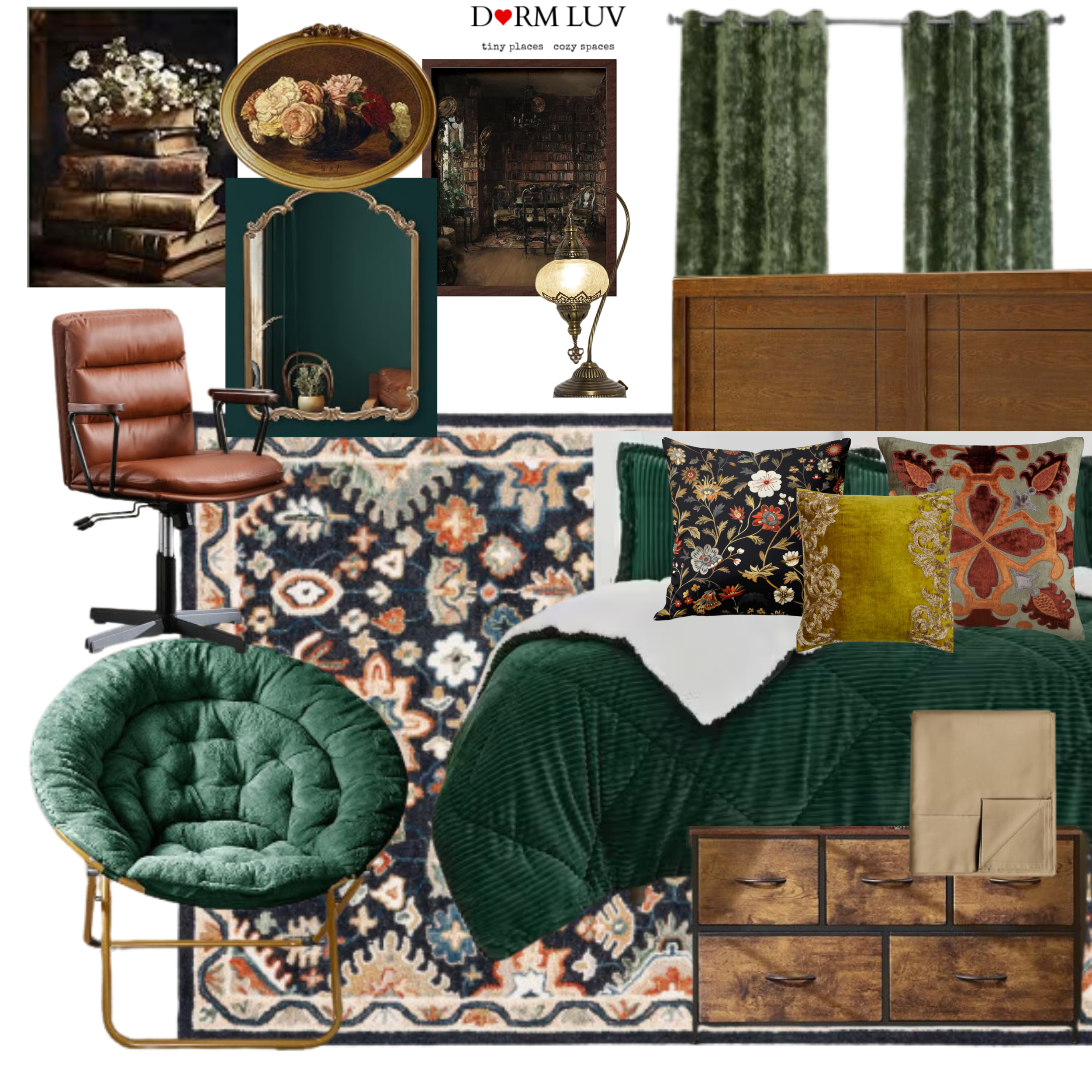 Collage of dorm room decor items, including a green comforter, assorted decorative pillows, vintage-style lamp, faux fur curtains, office chair, wooden bookshelf, black rolling cart, and framed art.