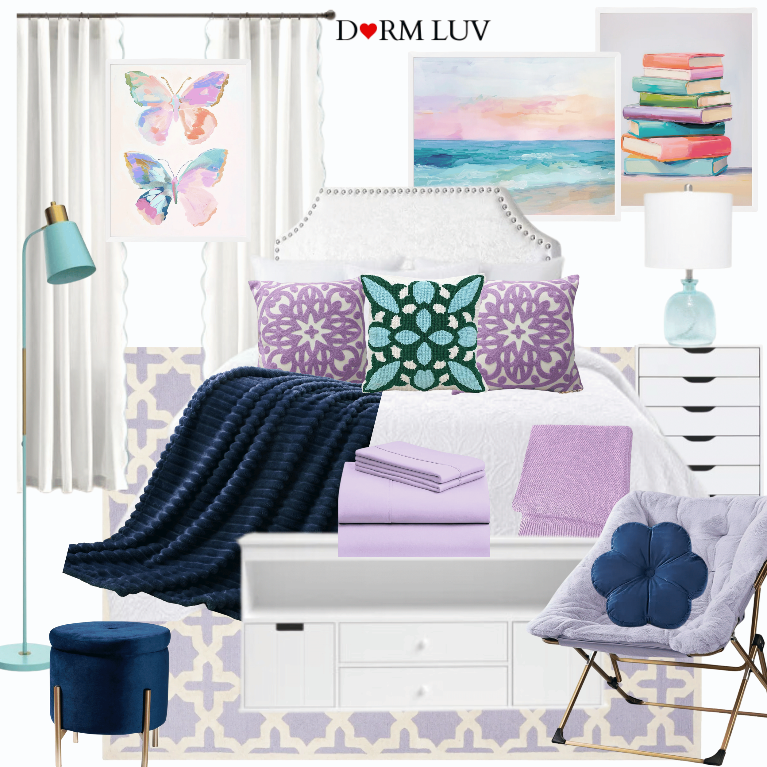 Collage of dorm room decor items including a bed with purple and pink pillows, heart-shaped cushion, sheets, blue ottoman, lamp, minifridge, posters, and storage shelves.