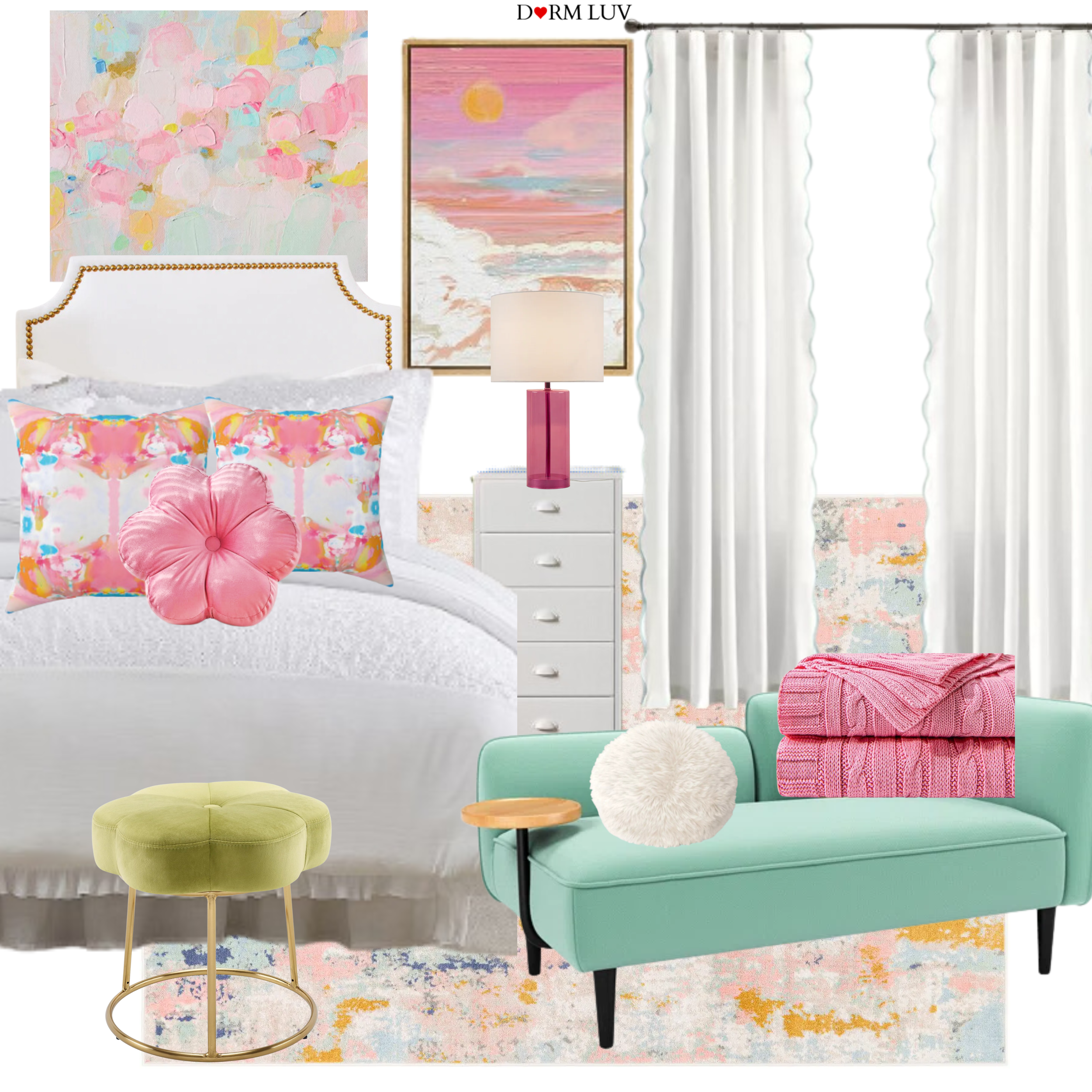 Dorm room collage featuring pastel decor with a pink and blue color scheme. Includes bedding, pillows, a pink chair, a blue sofa, and wall art. Accessories include a pink lamp, decorative plant, storage boxes, and various decorative accents.