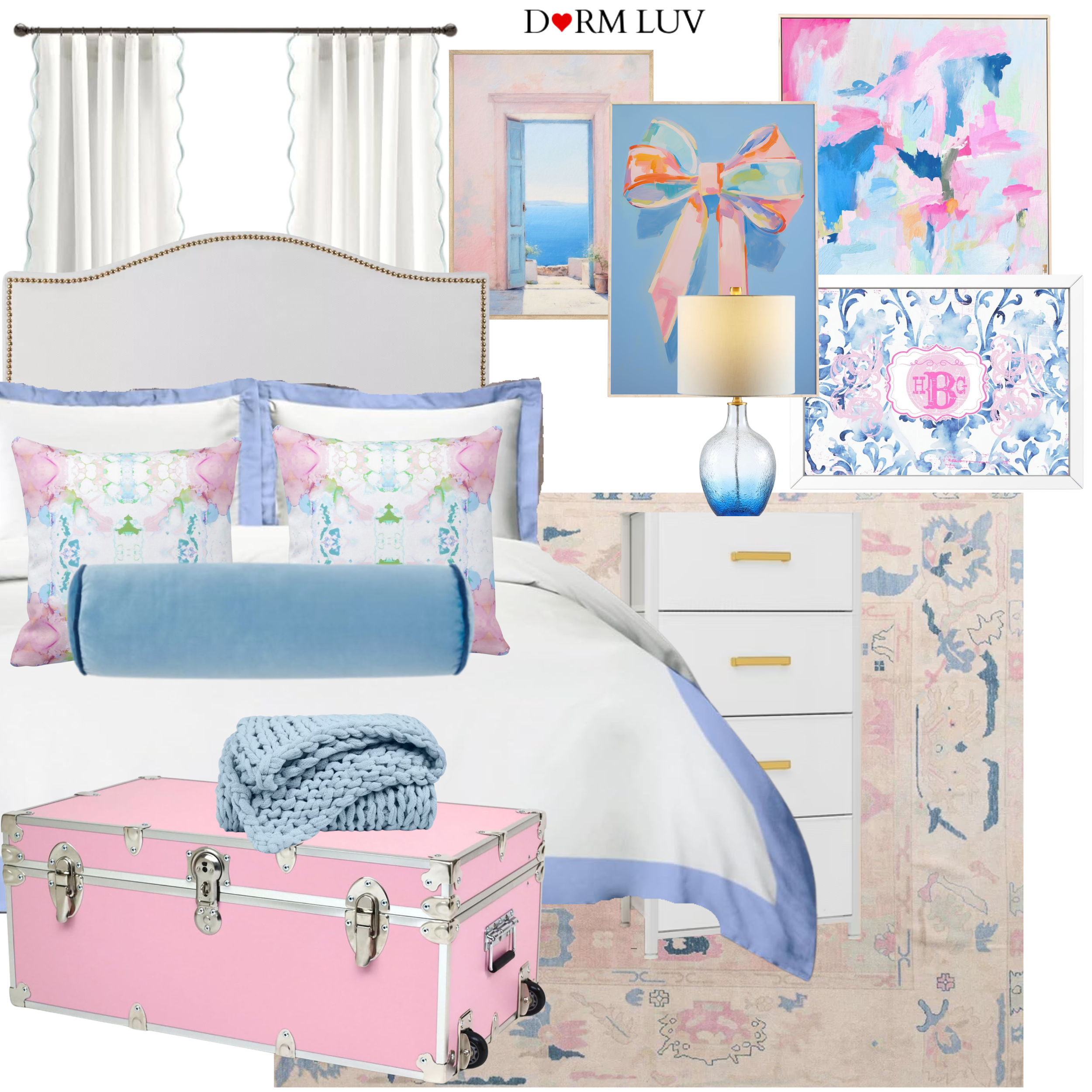 Collage of dorm room decor with a pink chair, blue and pink bedding, artwork, a blue knitted blanket, decorative flowers, a pink trunk, white curtains, and white and blue accents.
