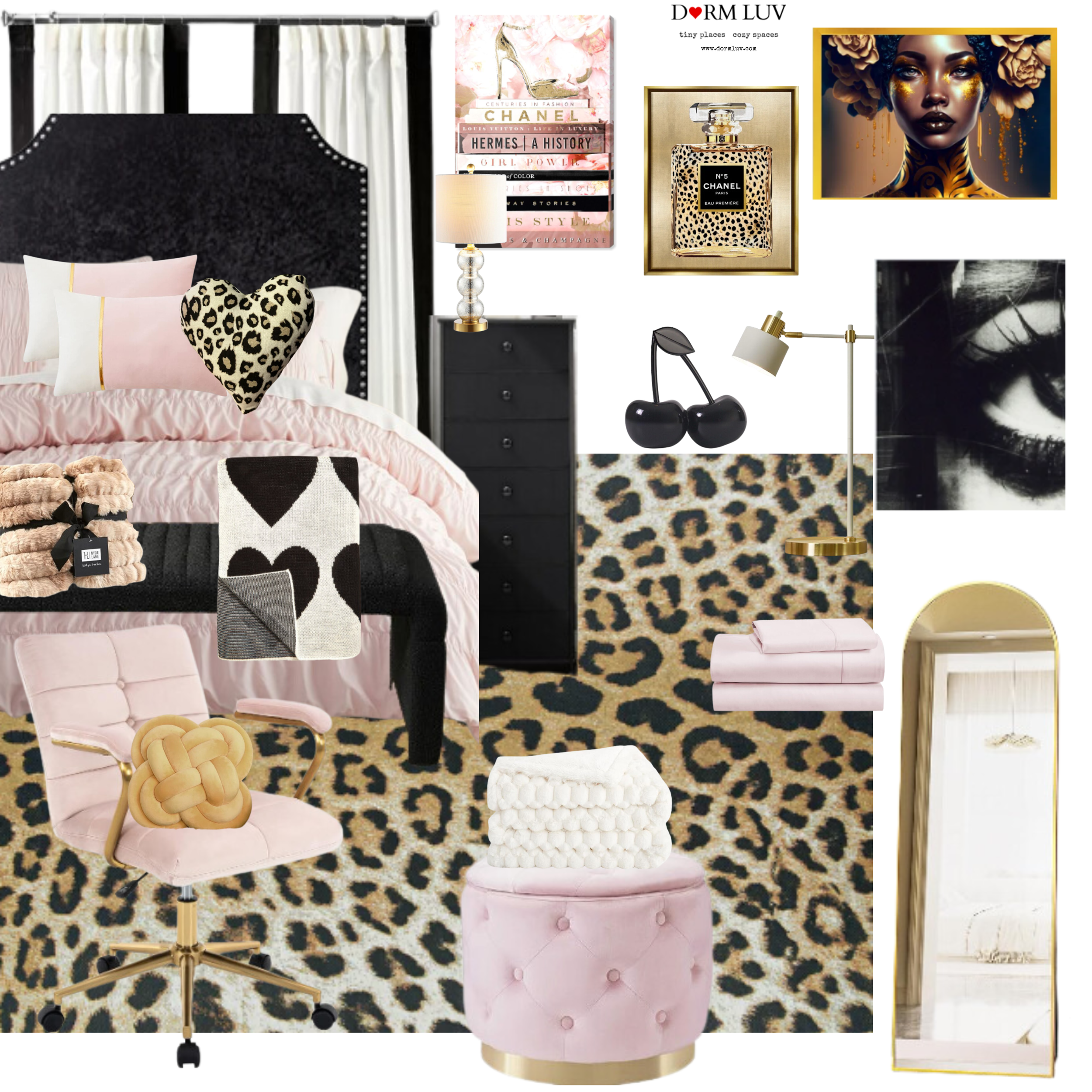 Interior design collage for a bedroom with a feminine aesthetic, featuring a leopard print rug, pink bedding, and a plush pink chair. The room includes a black bed frame, heart-shaped pillow, art prints, books, a floor lamp, a black dresser, and a full-length gold mirror.