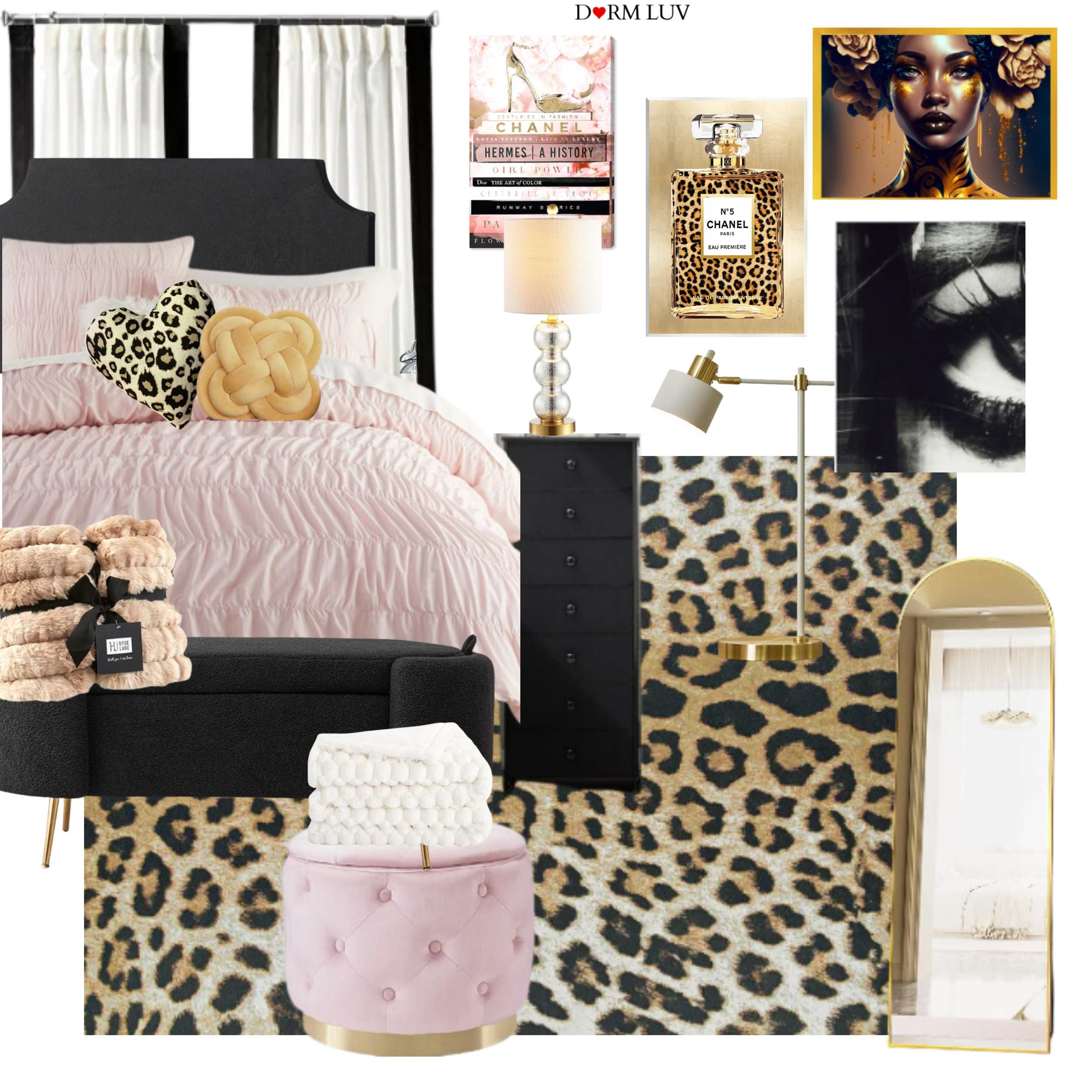 Interior design collage for a bedroom with a feminine aesthetic, featuring a leopard print rug, pink bedding, and a plush pink chair. The room includes a black bed frame, heart-shaped pillow, art prints, books, a floor lamp, a black dresser, and a full-length gold mirror.