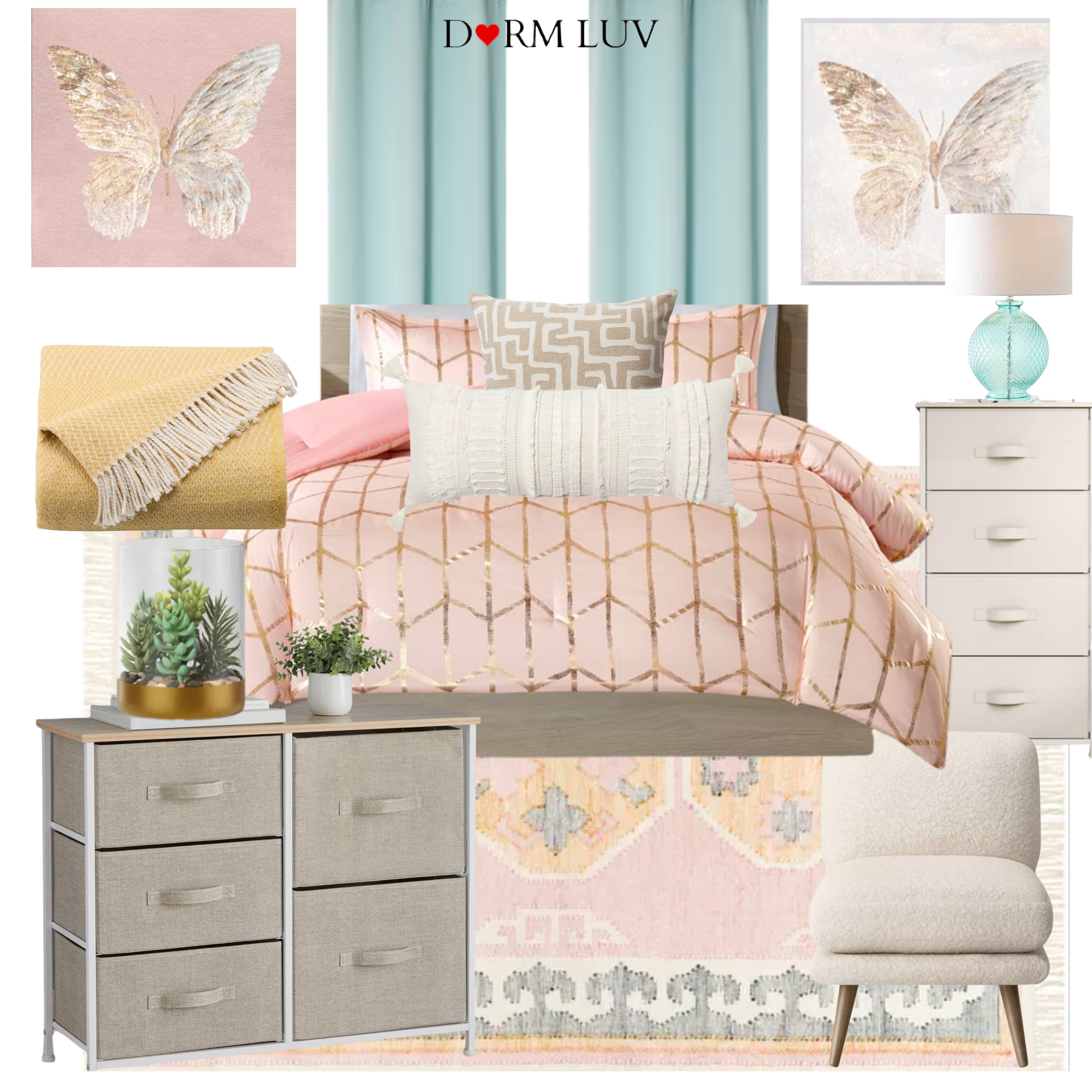 Dorm room decor collage featuring pink bedding, butterfly art, teal curtains, beige chair, yellow throw blanket, white dressers, wicker clock, decorative pillow, glass lamp, and succulent in a glass container.