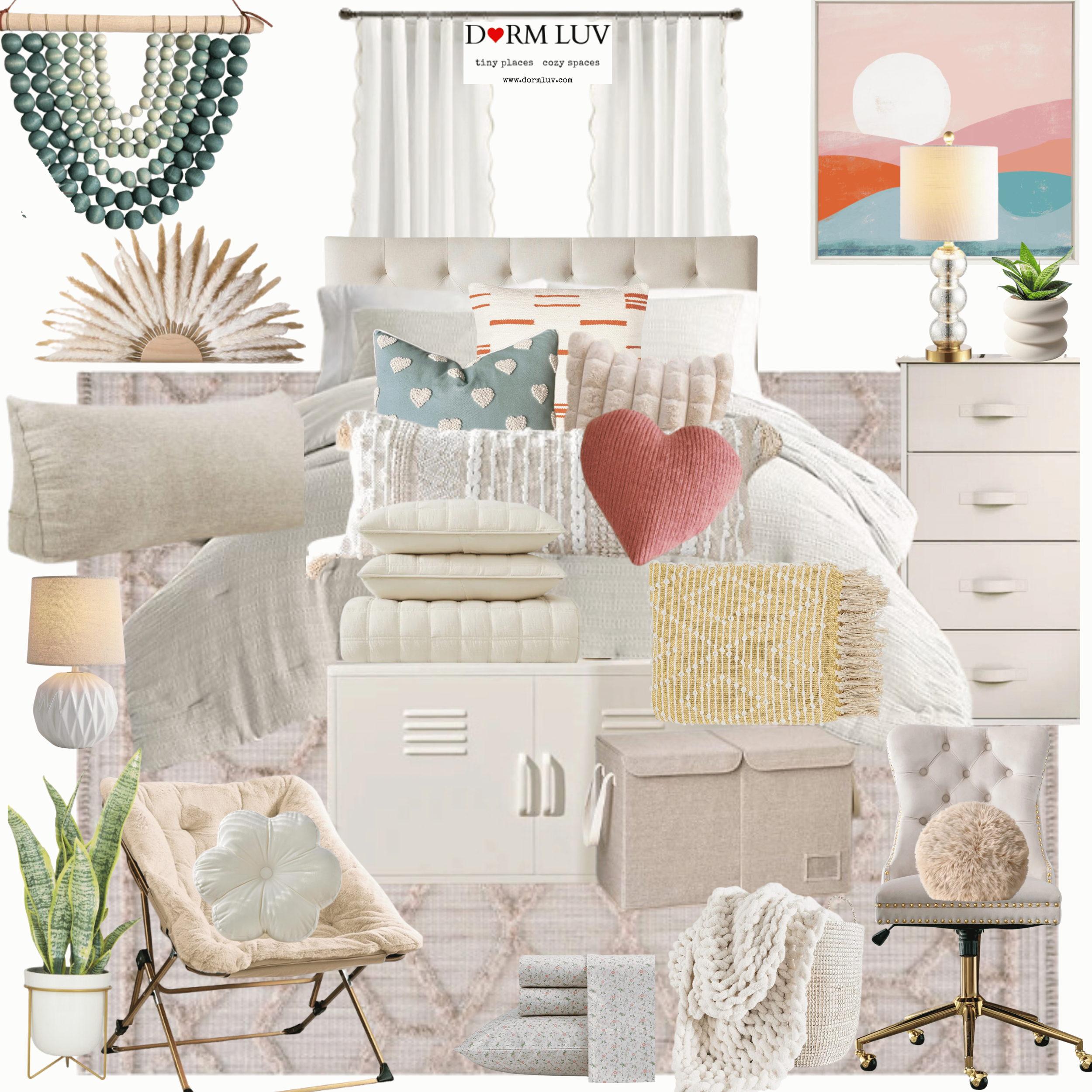 Collage of neutral-toned bedroom decor items including pillows, blankets, a dresser, chairs, curtains, and decorative wall art.
