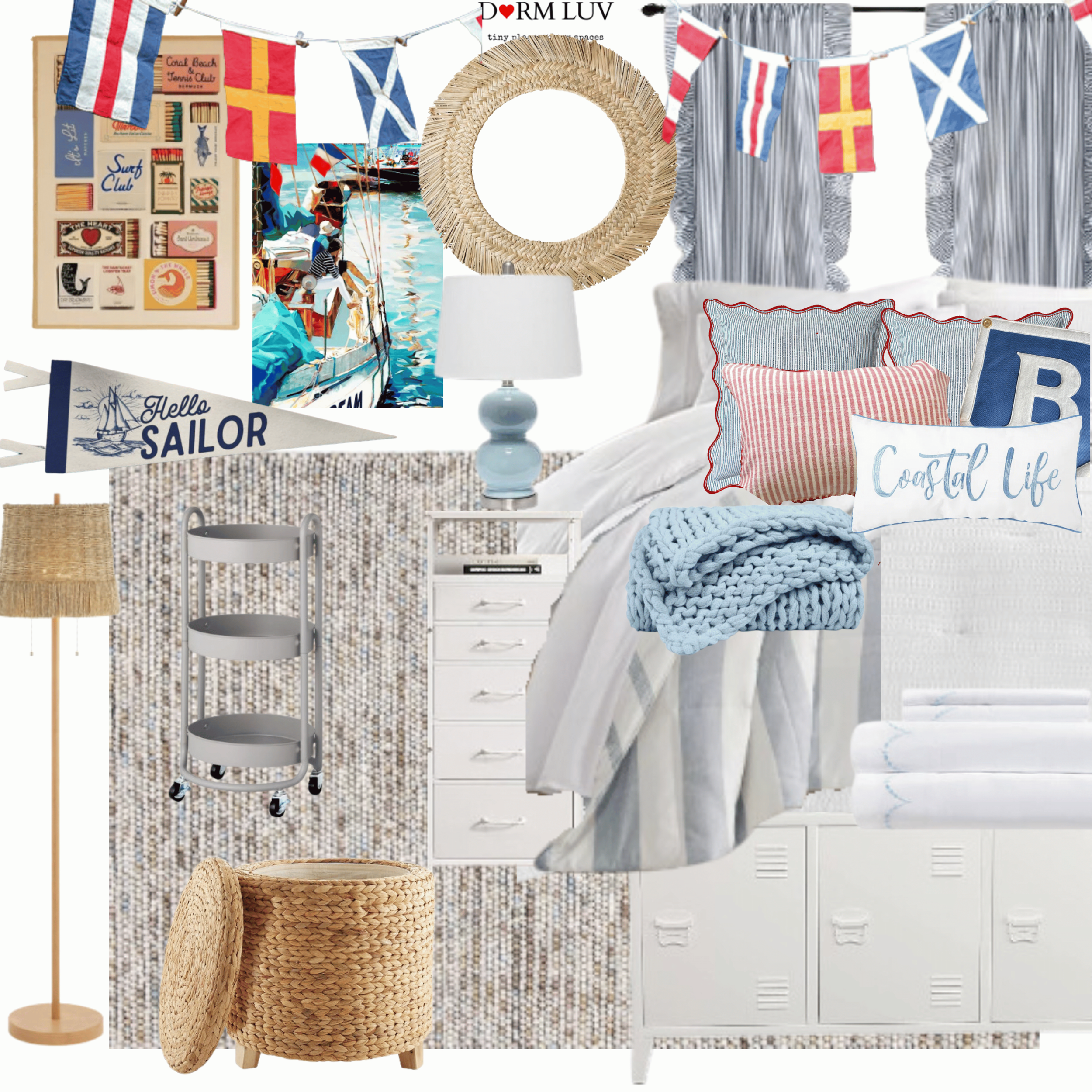 Coastal-themed bedroom decor collage with nautical flags, striped bedding, wicker accessories, and a blue lamp.