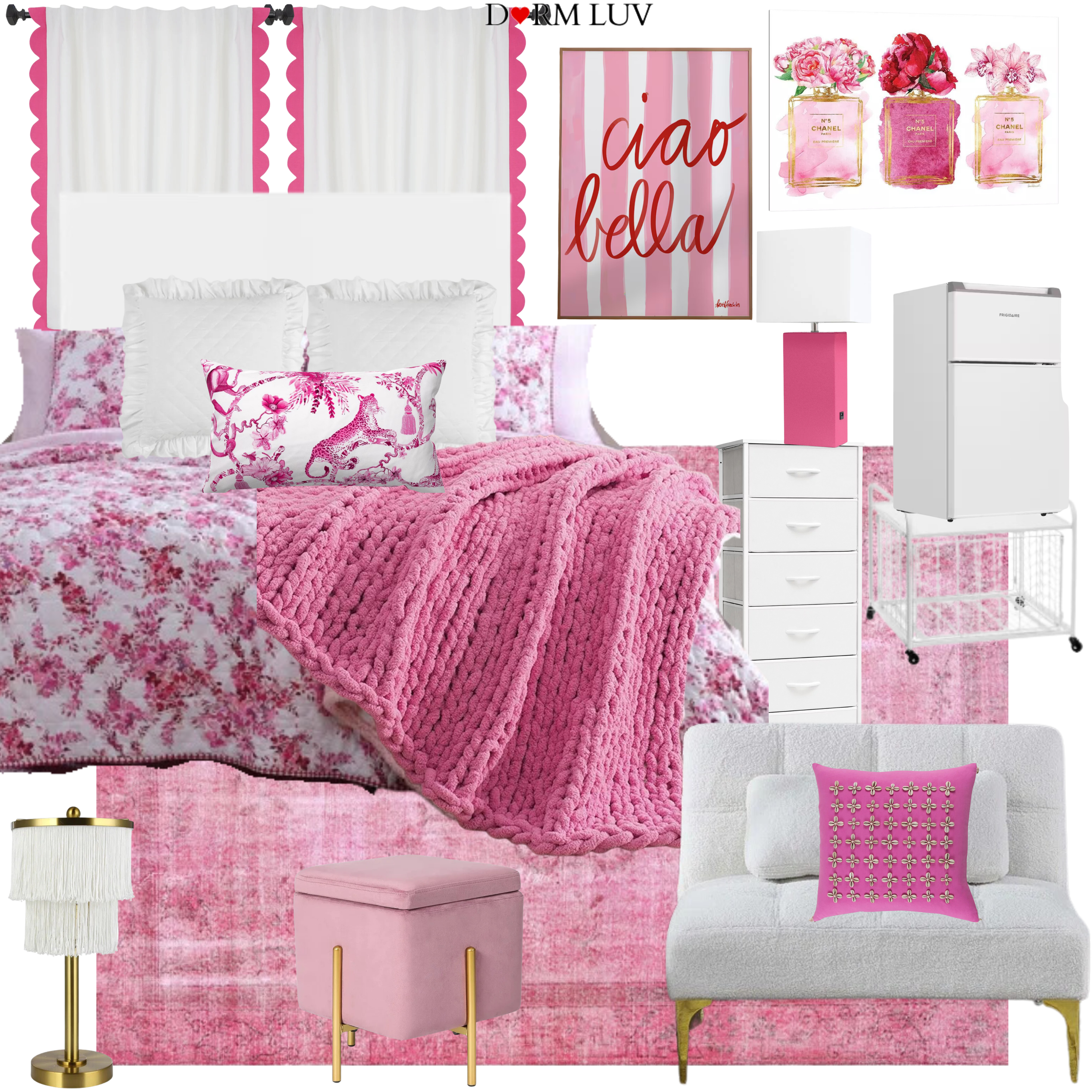 Room decor collage featuring pink and white themed items: floral bedding, knit throw, accent pillows, "Ciao Bella" wall art, floral perfume prints, white furniture, pink lamp, and ottoman.