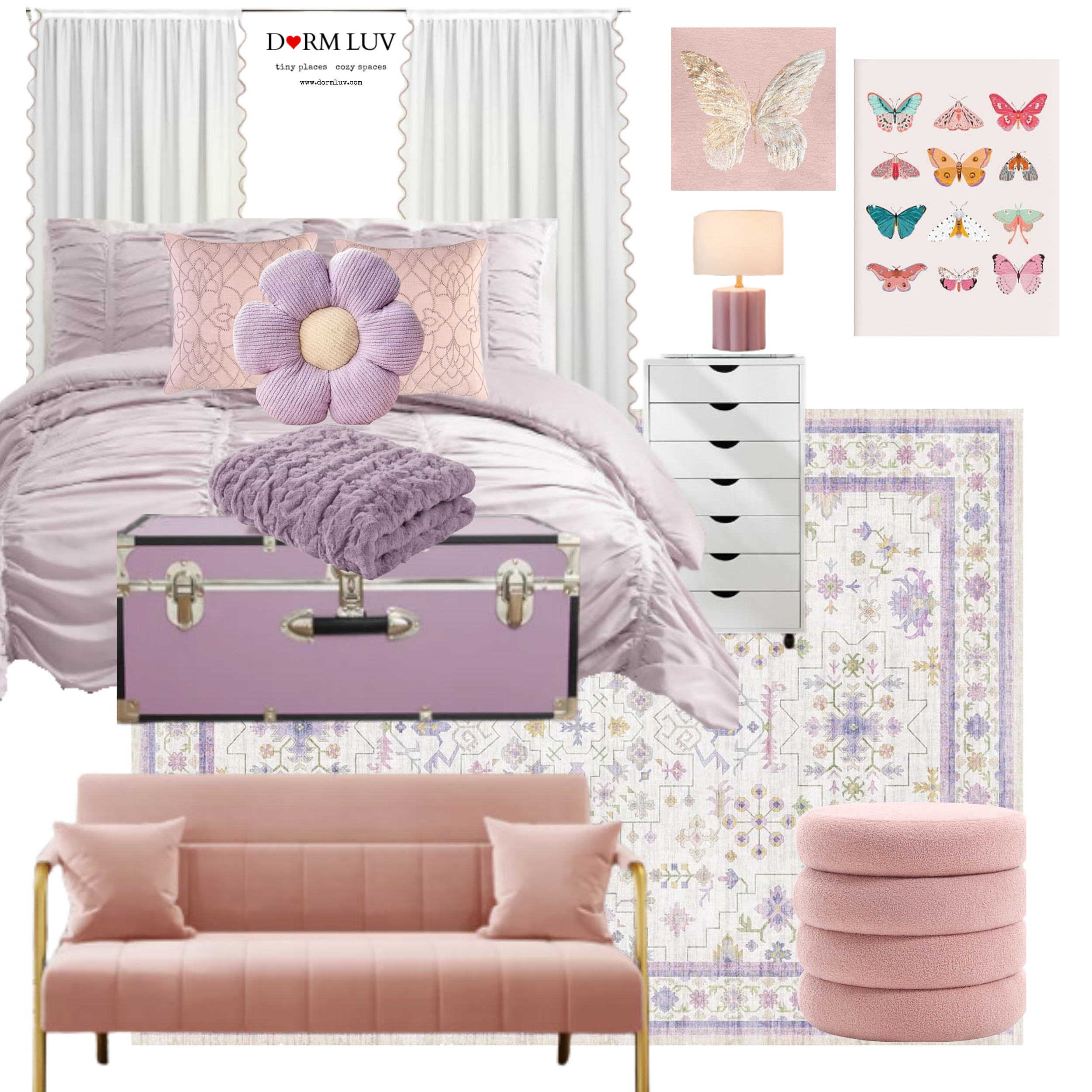 Bedroom design mood board featuring pastel and pink tones. Includes a pink bed with flower pillow, lavender trunk, blush sofa with pillows, purple chair, white drawers, fluffy throw, butterfly artwork, lamp, and pink ottoman. Room suggests cozy, feminine style.