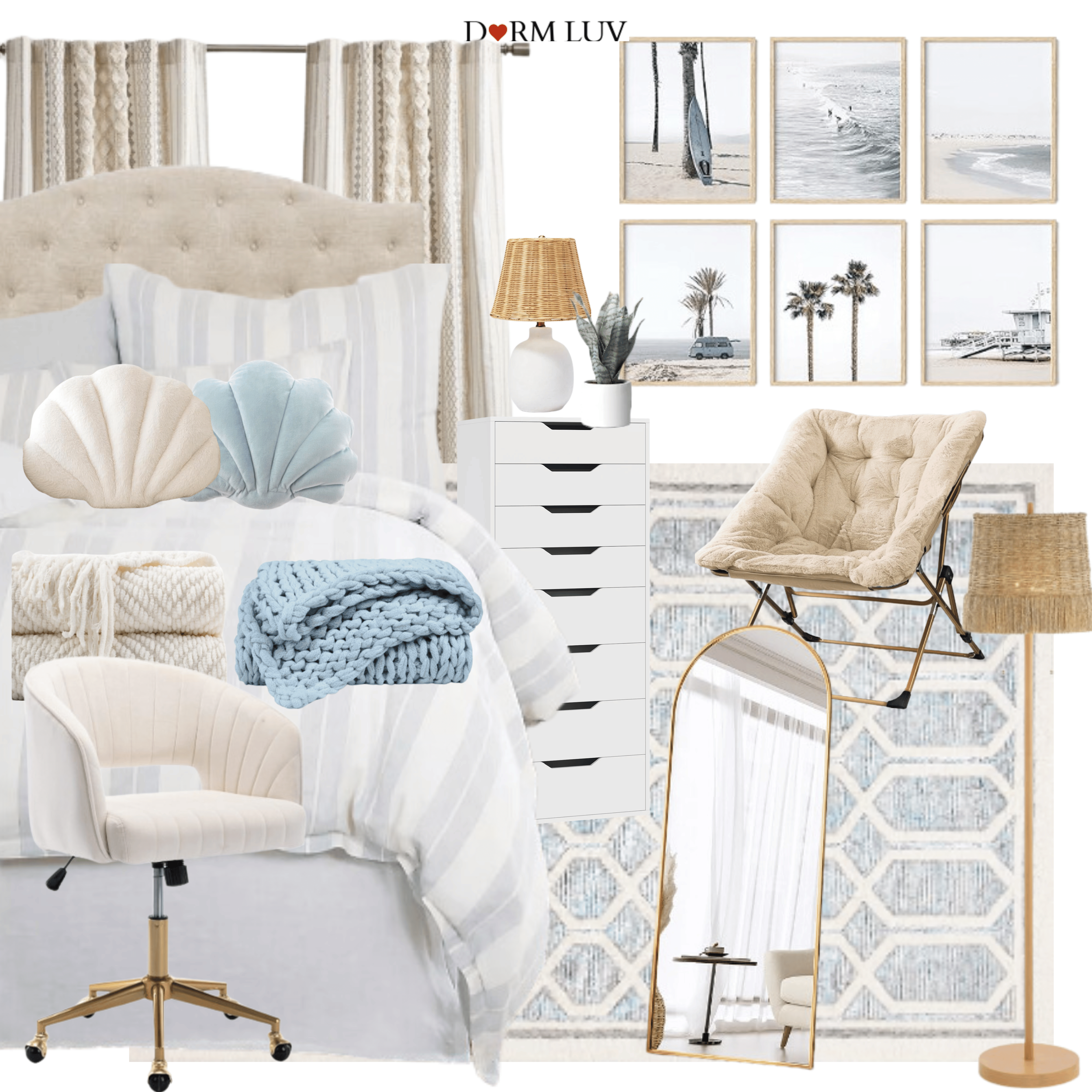 Dorm room decor inspiration with beige and blue tones, featuring a tufted bed, striped bedding, textured pillows, a cushioned chair, woven lampshades, a white dresser, cozy blankets, coastal wall art, large mirror, and potted plants.