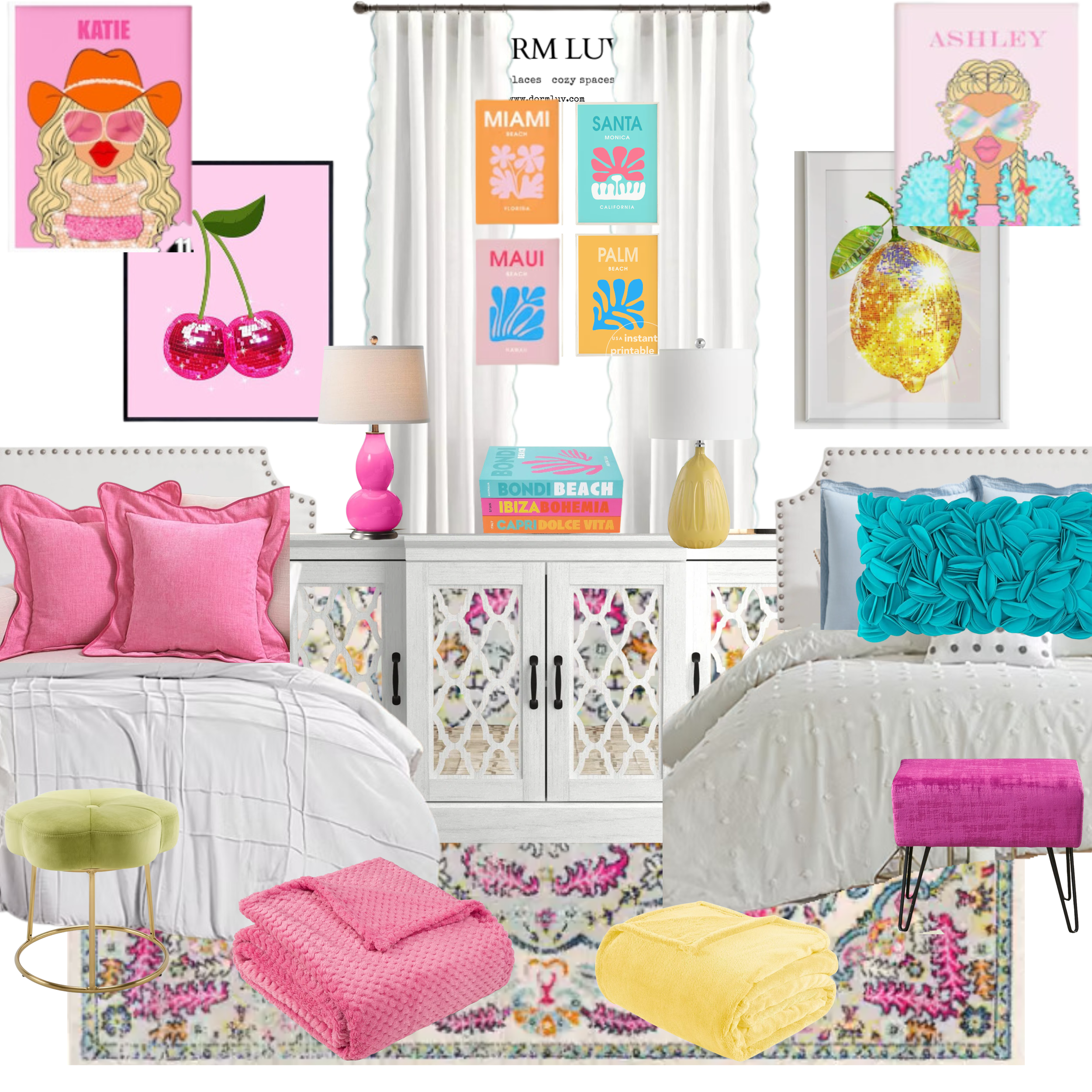 Colorful bedroom interior with twin beds, decorative pillows, wall art, and vibrant decor.