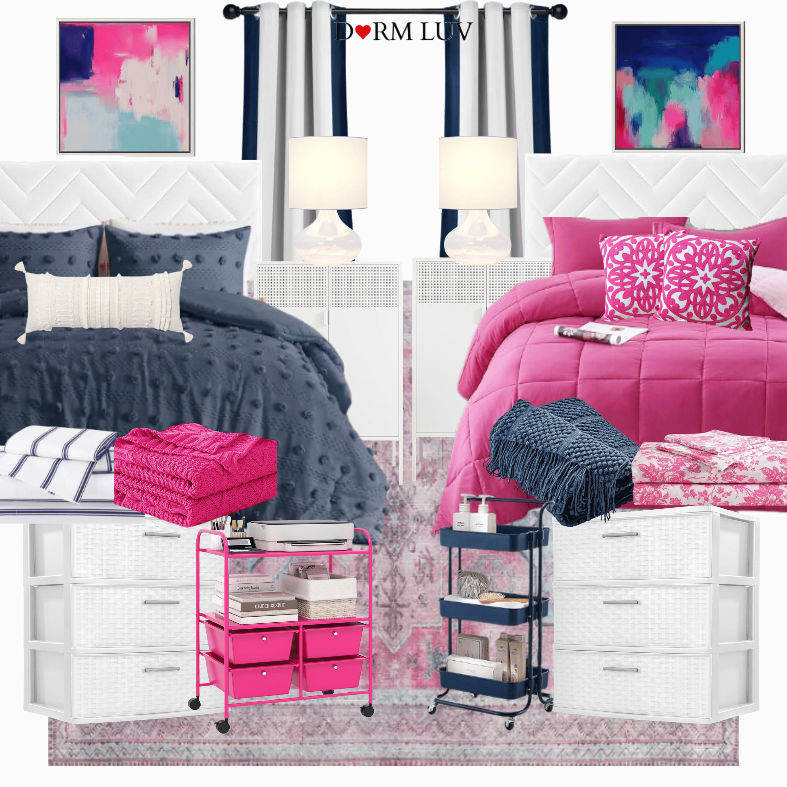 Two neatly arranged dorm room interiors with twin beds. One bed has a dark blue comforter with a white pillow, the other has a pink comforter with decorative pink pillows. Between the beds are white nightstands with lamps. Decor includes abstract artwork, striped curtains, and storage units. Accessories like blankets and rolling carts complete the setup.