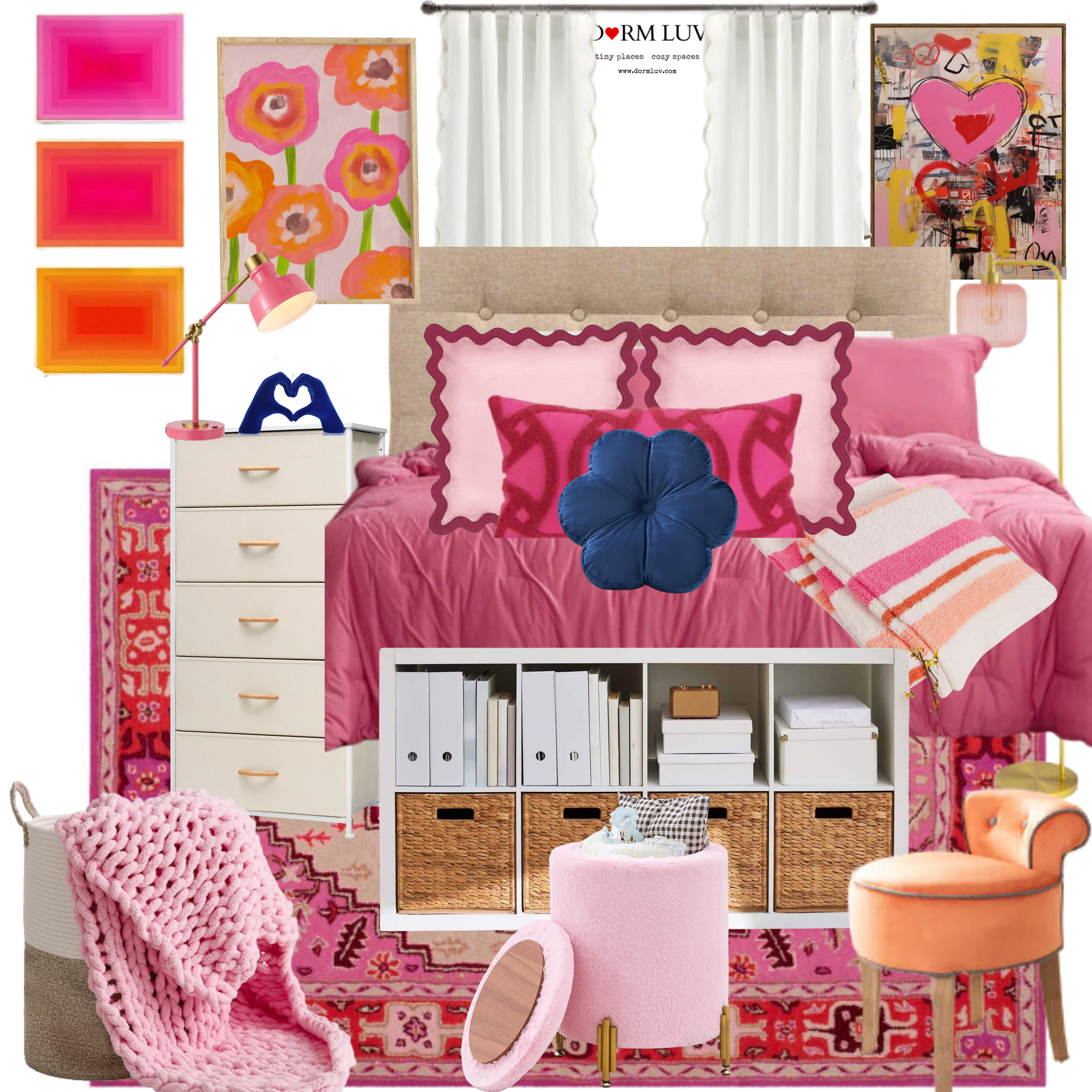 Colorful dorm room decor with pink bedding, patterned pillows, a pink knit throw, and abstract art. Includes a white dresser, pink accents, and a stack of books. Features a heart-themed rug and vibrant wall art. Contains a blue flower cushion and orange chair.