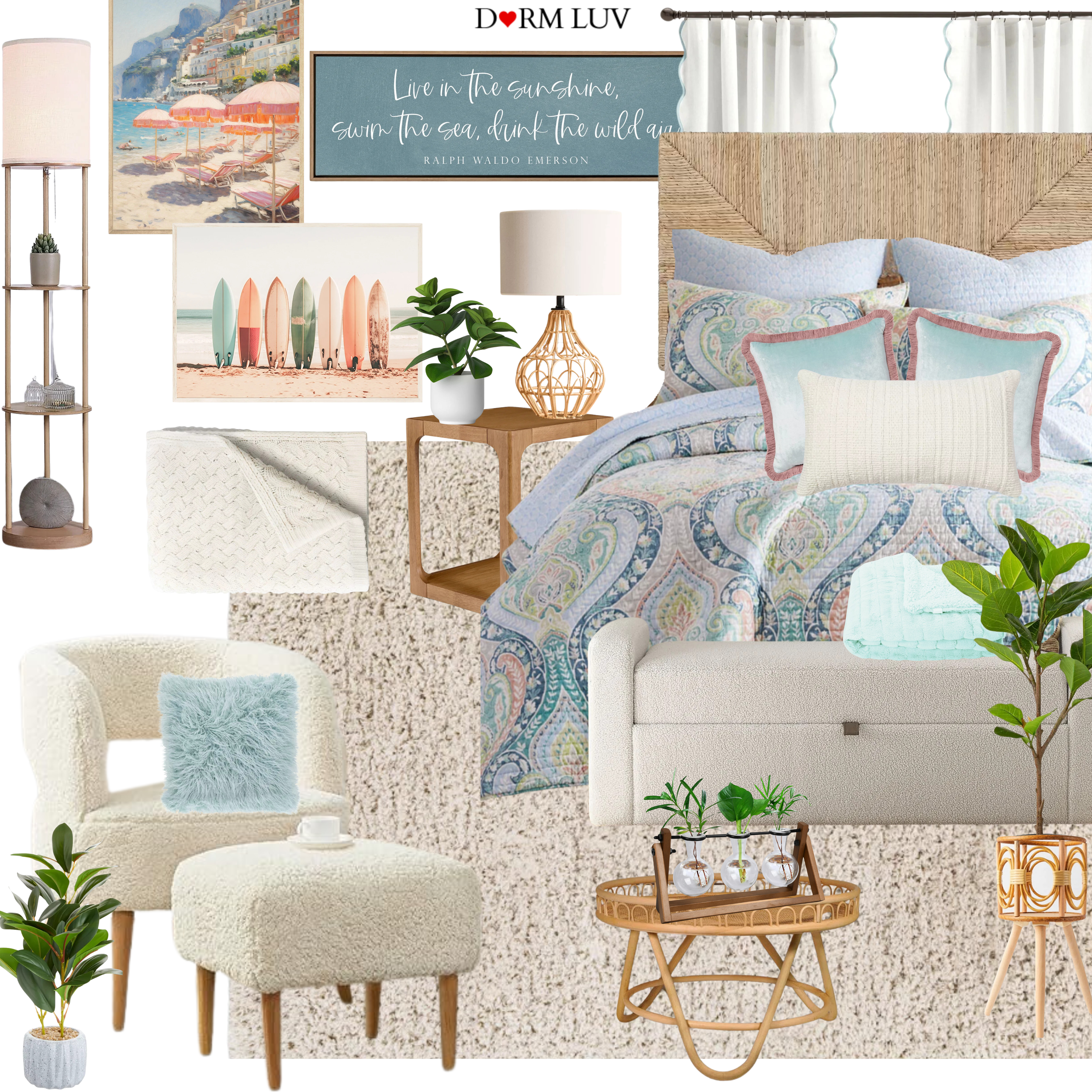 Collage of coastal-themed dorm room decor featuring a bed with paisley bedding, art prints, a lamp, plants, a fuzzy chair, and woven accents.