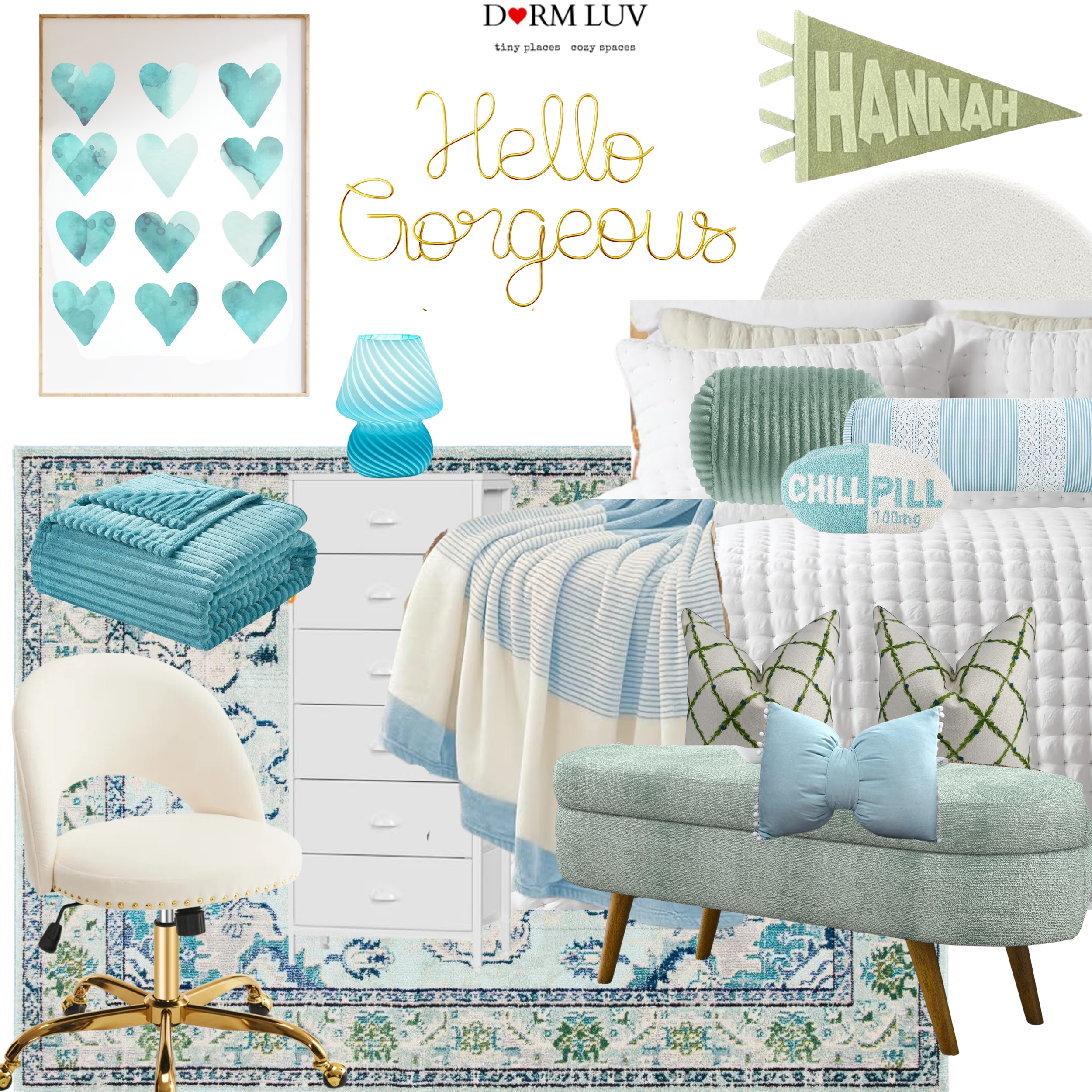 Dorm room decor with teal and white theme, including bedding, pillows, a rug, wall art, a chair, a blanket, a lamp, and a wall pennant.