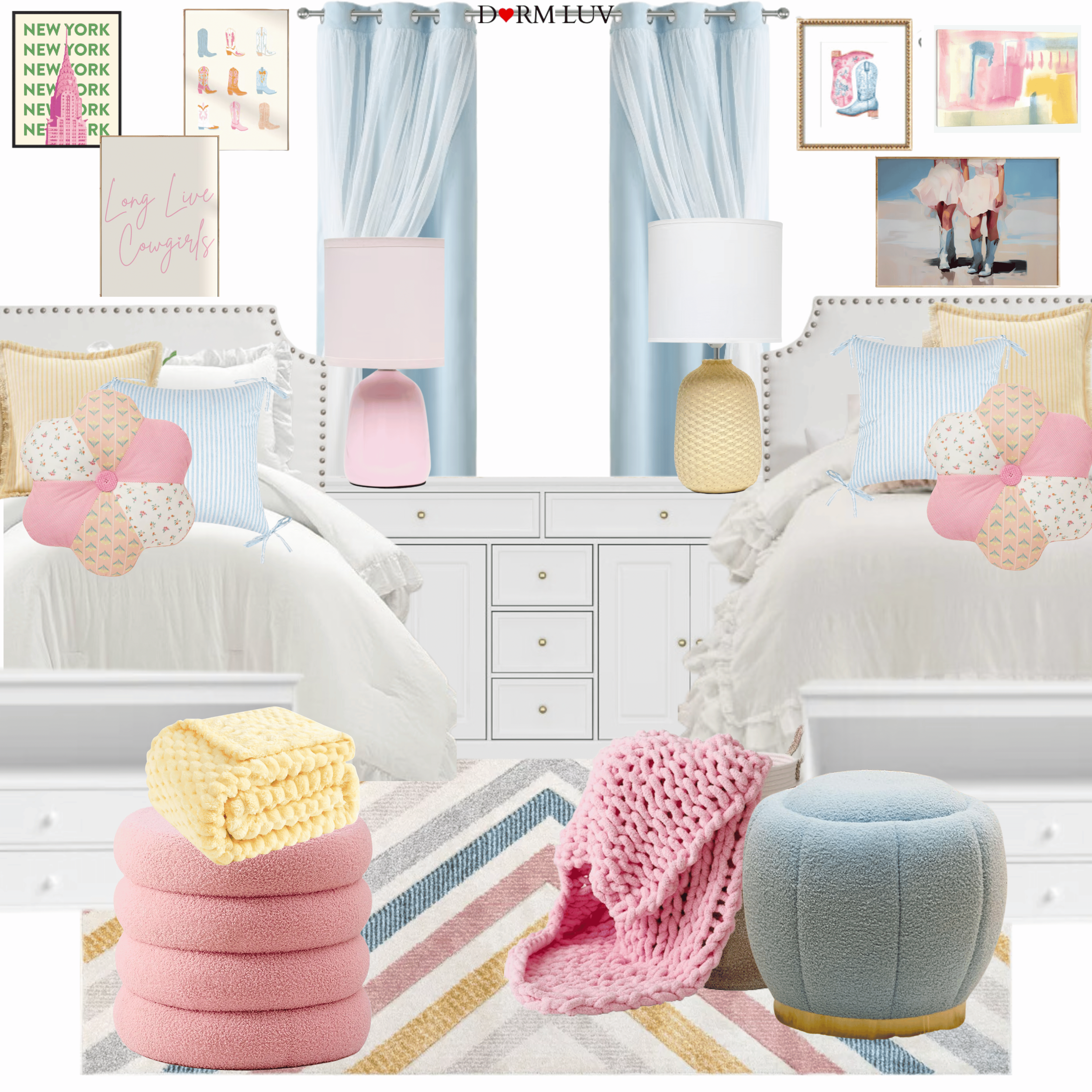 A cozy dorm room design featuring two white twin beds with ruffled bedding, pink and yellow accent pillows, and floral cushions. Between the beds is a white storage unit with pastel lamps. The walls are decorated with colorful artwork, and soft blue curtains frame the windows. The room has a colorful striped rug and fluffy ottomans with knitted blankets.