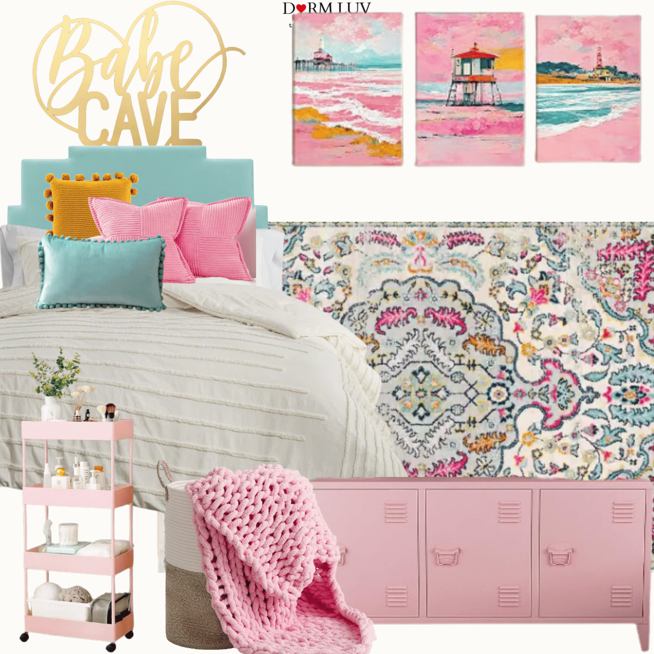 Collage of dorm room decor including colorful pillows, blankets, a decorative rug, storage rack, and art prints. Dominant colors are pink, blue, and yellow. Features a bed with textured bedding and an accent sign reading "Babe Cave."