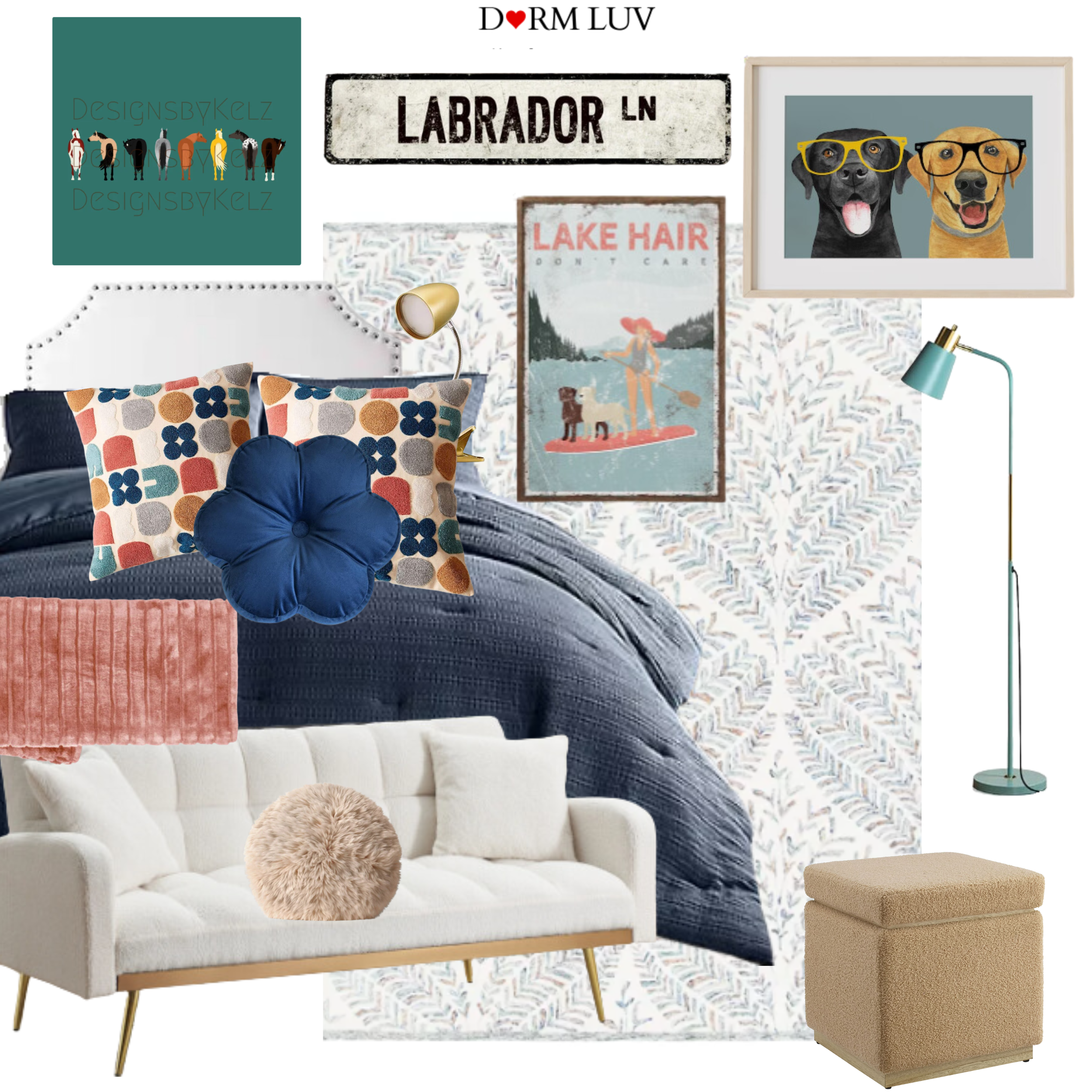 Collage of dorm room decor items including Labrador-themed art, pillows, throws, a white sofa, a blue ottoman, and decor accents like lamps and canine illustrations.