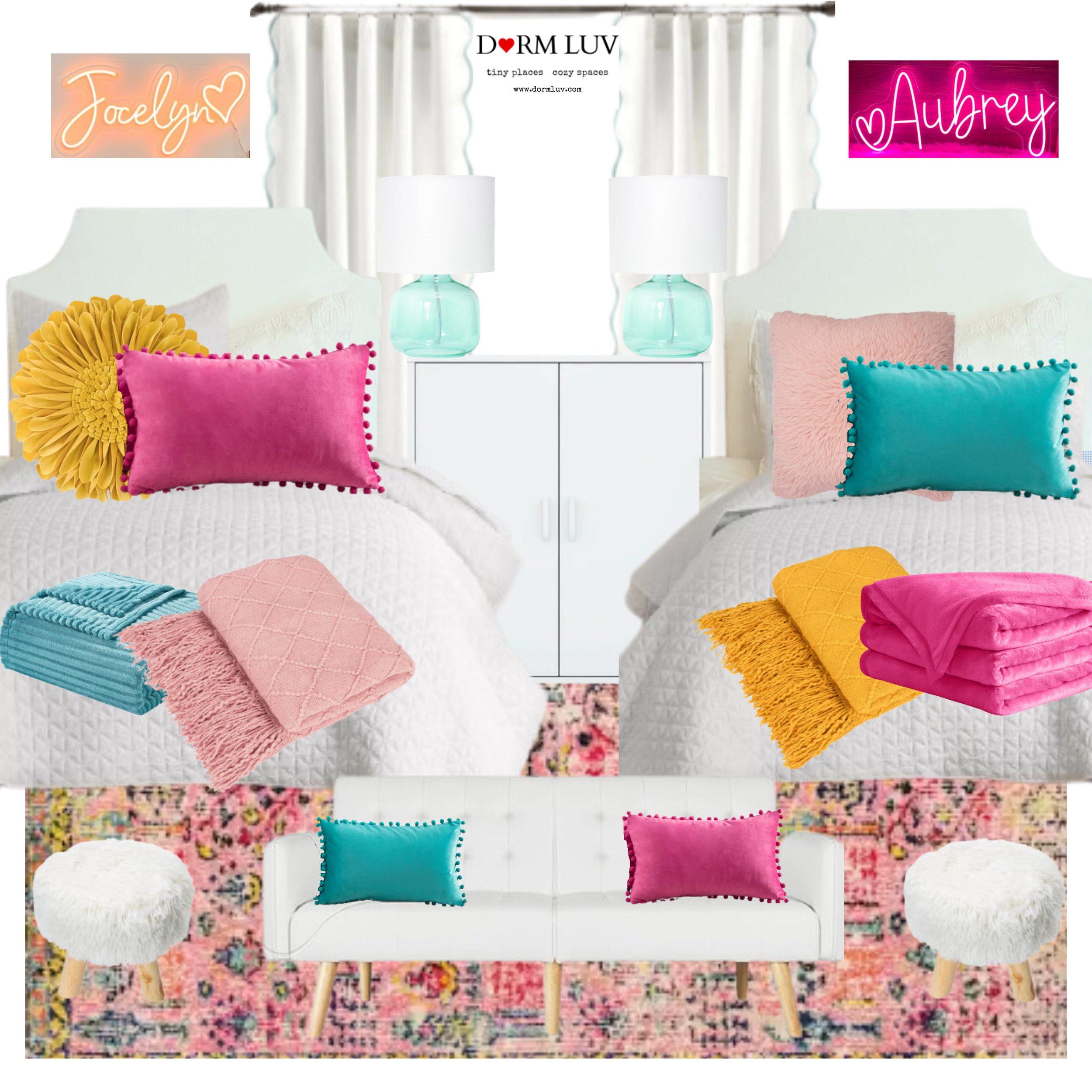 Dorm room design with twin beds, colorful pillows, blankets, white headboards, turquoise lamps, white cabinet, and pink patterned rug.
