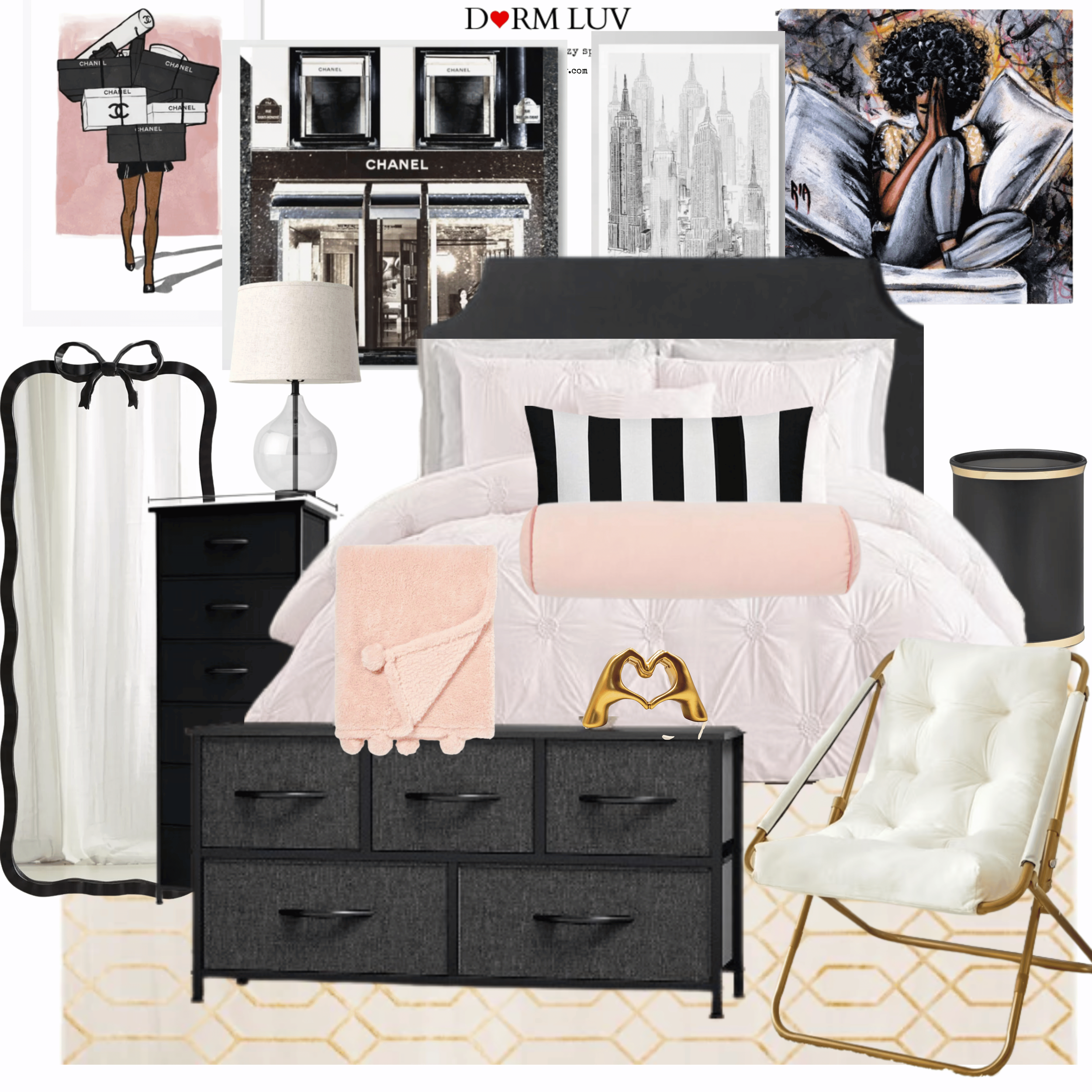 Chic bedroom decor with black and white elements, featuring a bed with a black headboard, striped pillow, and pink accent pillows. A nightstand with a lamp and a black dresser are present. Wall art includes a Chanel storefront, cityscape drawing, and abstract art.