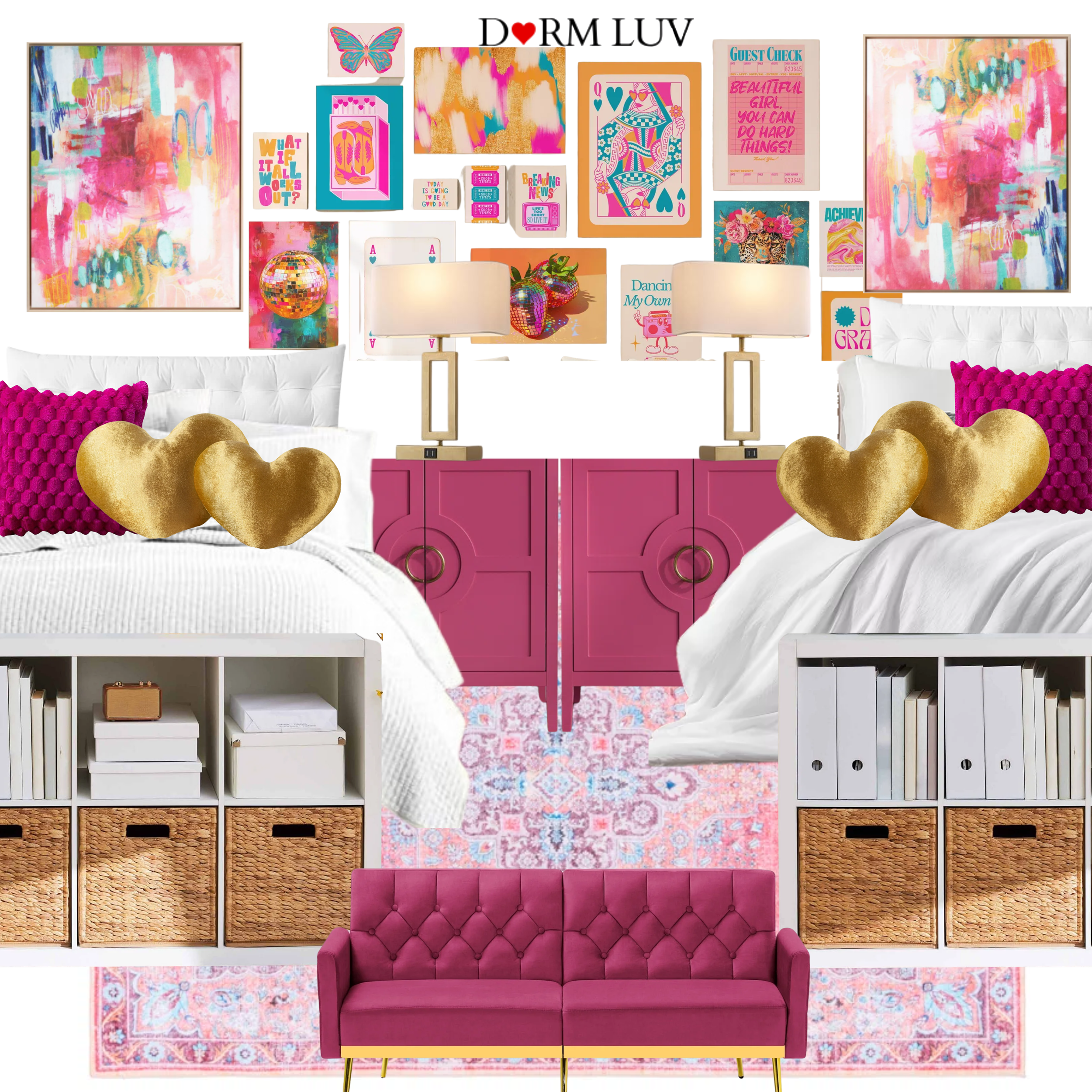 Stylish bedroom featuring two twin beds with white bedding and pink accents. A pink locker-style dresser is centered between the beds. Above are pink curtains, heart-shaped decor, and two turquoise lamps. Colorful abstract art hangs on the walls. Gray chairs with heart pillows and fluffy white stools complete the room.